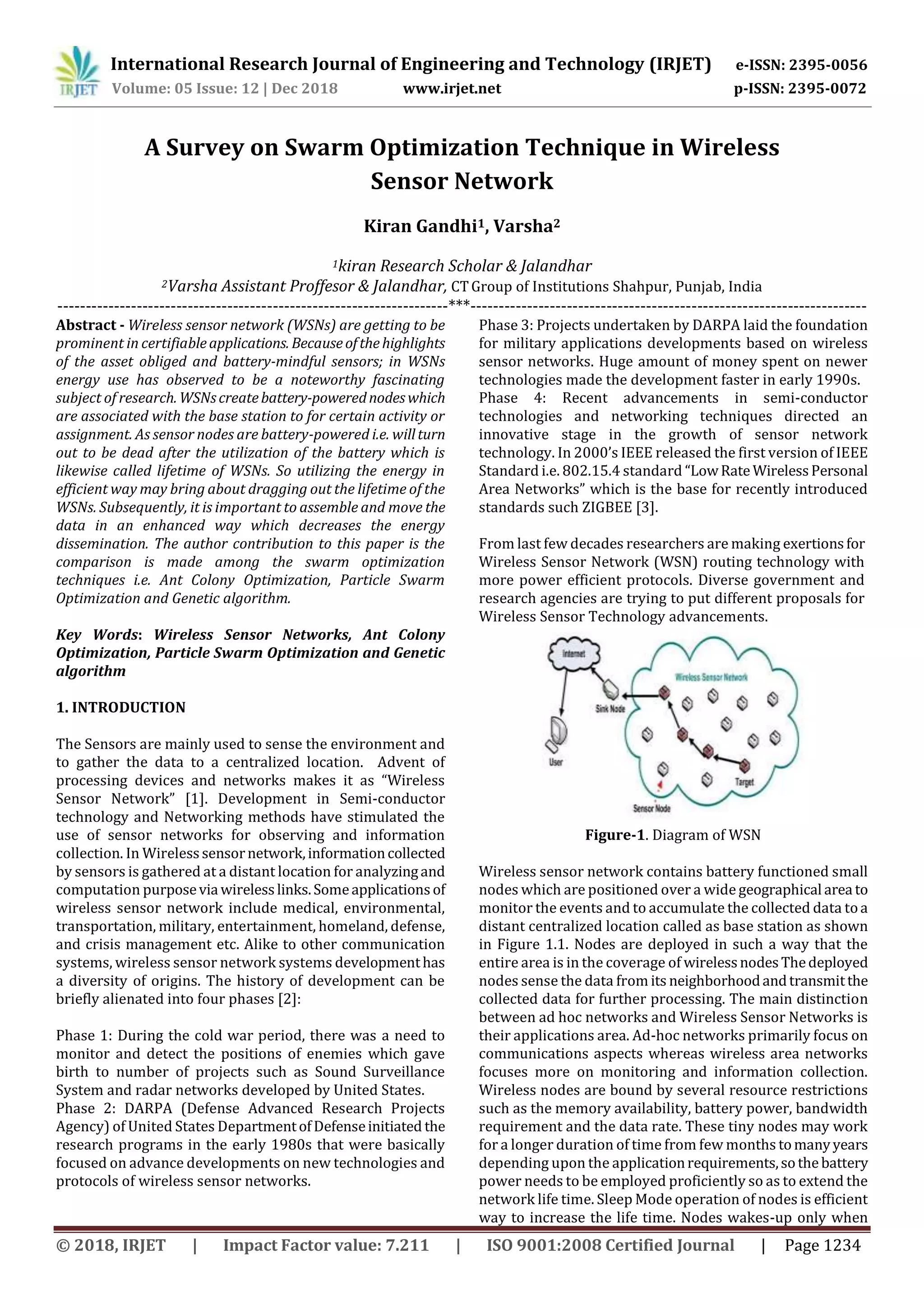 International Research Journal of Engineering and Technology (IRJET) e-ISSN: 2395-0056
Volume: 05 Issue: 12 | Dec 2018 www.irjet.net p-ISSN: 2395-0072
© 2018, IRJET | Impact Factor value: 7.211 | ISO 9001:2008 Certified Journal | Page 1234
A Survey on Swarm Optimization Technique in Wireless
Sensor Network
Kiran Gandhi1, Varsha2
1kiran Research Scholar & Jalandhar
2Varsha Assistant Proffesor & Jalandhar, CTGroup of Institutions Shahpur, Punjab, India
---------------------------------------------------------------------***----------------------------------------------------------------------
Abstract - Wireless sensor network (WSNs) are getting to be
prominent in certifiableapplications. Becauseofthehighlights
of the asset obliged and battery-mindful sensors; in WSNs
energy use has observed to be a noteworthy fascinating
subject of research. WSNscreatebattery-powerednodeswhich
are associated with the base station to for certain activity or
assignment. As sensor nodes are battery-powered i.e. willturn
out to be dead after the utilization of the battery which is
likewise called lifetime of WSNs. So utilizing the energy in
efficient way may bring about dragging out the lifetime of the
WSNs. Subsequently, it is important to assemble and move the
data in an enhanced way which decreases the energy
dissemination. The author contribution to this paper is the
comparison is made among the swarm optimization
techniques i.e. Ant Colony Optimization, Particle Swarm
Optimization and Genetic algorithm.
Key Words: Wireless Sensor Networks, Ant Colony
Optimization, Particle Swarm Optimization and Genetic
algorithm
1. INTRODUCTION
The Sensors are mainly used to sense the environment and
to gather the data to a centralized location. Advent of
processing devices and networks makes it as “Wireless
Sensor Network” [1]. Development in Semi-conductor
technology and Networking methods have stimulated the
use of sensor networks for observing and information
collection. In Wirelesssensornetwork,informationcollected
by sensors is gathered at a distant location for analyzingand
computation purposevia wirelesslinks.Someapplicationsof
wireless sensor network include medical, environmental,
transportation, military, entertainment, homeland, defense,
and crisis management etc. Alike to other communication
systems, wireless sensor network systems developmenthas
a diversity of origins. The history of development can be
briefly alienated into four phases [2]:
Phase 1: During the cold war period, there was a need to
monitor and detect the positions of enemies which gave
birth to number of projects such as Sound Surveillance
System and radar networks developed by United States.
Phase 2: DARPA (Defense Advanced Research Projects
Agency) of United States DepartmentofDefenseinitiated the
research programs in the early 1980s that were basically
focused on advance developments on new technologies and
protocols of wireless sensor networks.
Phase 3: Projects undertaken by DARPA laid the foundation
for military applications developments based on wireless
sensor networks. Huge amount of money spent on newer
technologies made the development faster in early 1990s.
Phase 4: Recent advancements in semi-conductor
technologies and networking techniques directed an
innovative stage in the growth of sensor network
technology. In 2000’s IEEE released the first version of IEEE
Standard i.e. 802.15.4 standard “LowRate WirelessPersonal
Area Networks” which is the base for recently introduced
standards such ZIGBEE [3].
From last few decades researchers are making exertionsfor
Wireless Sensor Network (WSN) routing technology with
more power efficient protocols. Diverse government and
research agencies are trying to put different proposals for
Wireless Sensor Technology advancements.
Figure-1. Diagram of WSN
Wireless sensor network contains battery functioned small
nodes which are positioned over a wide geographical area to
monitor the events and to accumulate the collected data toa
distant centralized location called as base station as shown
in Figure 1.1. Nodes are deployed in such a way that the
entire area is in the coverage of wirelessnodesThedeployed
nodes sense the data from its neighborhoodandtransmitthe
collected data for further processing. The main distinction
between ad hoc networks and Wireless Sensor Networks is
their applications area. Ad-hoc networks primarily focus on
communications aspects whereas wireless area networks
focuses more on monitoring and information collection.
Wireless nodes are bound by several resource restrictions
such as the memory availability, battery power, bandwidth
requirement and the data rate. These tiny nodes may work
for a longer duration of time from few months tomanyyears
depending upon the applicationrequirements,sothebattery
power needs to be employed proficiently so as to extend the
network life time. Sleep Mode operation of nodes is efficient
way to increase the life time. Nodes wakes-up only when
 