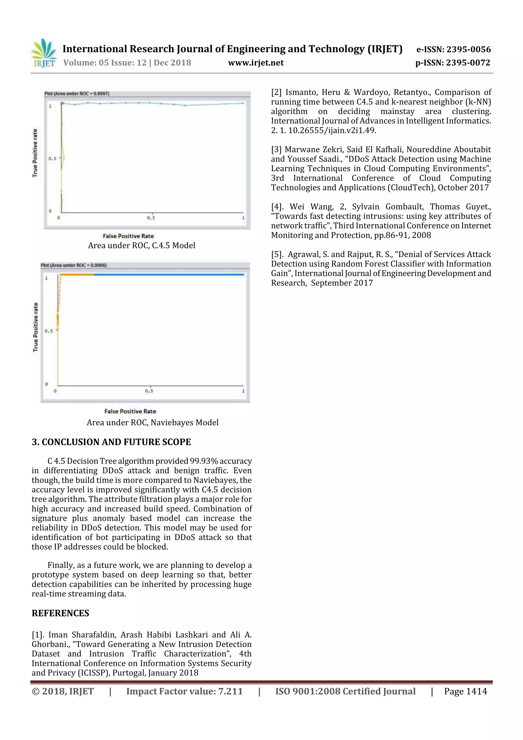 International Research Journal of Engineering and Technology (IRJET) e-ISSN: 2395-0056 Volume: 05 Issue: 12 | Dec 2018 www.irjet.net p-ISSN: 2395-0072 © 2018, IRJET | Impact Factor value: 7.211 | ISO 9001:2008 Certified Journal | Page 1414 Area under ROC, C.4.5 Model Area under ROC, Naviebayes Model 3. CONCLUSION AND FUTURE SCOPE C 4.5 DecisionTreealgorithmprovided99.93%accuracy in differentiating DDoS attack and benign traffic. Even though, the build time is more compared to Naviebayes, the accuracy level is improved significantly with C4.5 decision tree algorithm. The attribute filtration plays a major role for high accuracy and increased build speed. Combination of signature plus anomaly based model can increase the reliability in DDoS detection. This model may be used for identification of bot participating in DDoS attack so that those IP addresses could be blocked. Finally, as a future work, we are planning to develop a prototype system based on deep learning so that, better detection capabilities can be inherited by processing huge real-time streaming data. REFERENCES [1]. Iman Sharafaldin, Arash Habibi Lashkari and Ali A. Ghorbani., “Toward Generating a New Intrusion Detection Dataset and Intrusion Traffic Characterization”, 4th International Conference on Information Systems Security and Privacy (ICISSP), Purtogal, January 2018 [2] Ismanto, Heru & Wardoyo, Retantyo., Comparison of running time between C4.5 and k-nearest neighbor (k-NN) algorithm on deciding mainstay area clustering. International Journal of Advances in Intelligent Informatics. 2. 1. 10.26555/ijain.v2i1.49. [3] Marwane Zekri, Said El Kafhali, Noureddine Aboutabit and Youssef Saadi., “DDoS Attack Detection using Machine Learning Techniques in Cloud Computing Environments”, 3rd International Conference of Cloud Computing Technologies and Applications (CloudTech), October 2017 [4]. Wei Wang, 2, Sylvain Gombault, Thomas Guyet., “Towards fast detecting intrusions: using key attributes of network traffic”, Third International Conference onInternet Monitoring and Protection, pp.86-91, 2008 [5]. Agrawal, S. and Rajput, R. S., “Denial of Services Attack Detection using Random Forest Classifier with Information Gain”, International Journal ofEngineeringDevelopment and Research, September 2017 