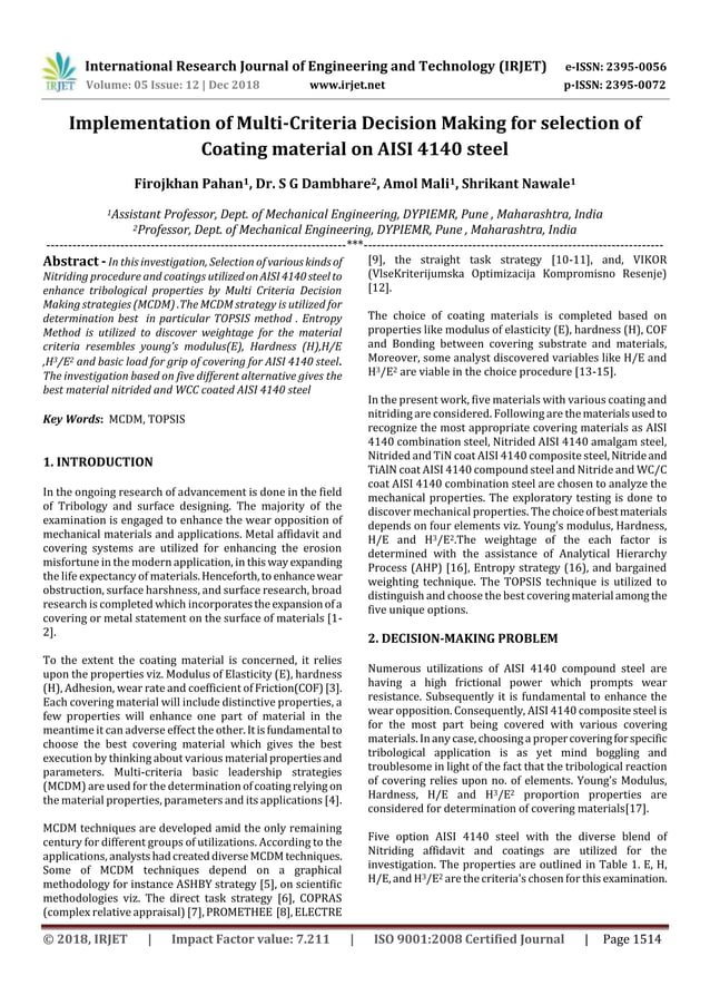 IRJET- Implementation of Multi-Criteria Decision Making for Selection ...