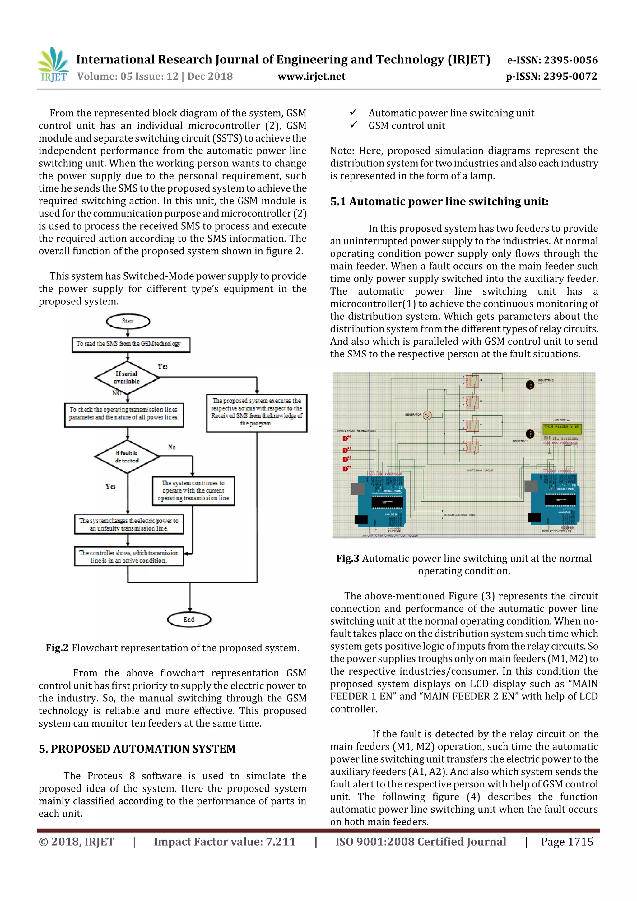 International Research Journal of Engineering and Technology (IRJET) e-ISSN: 2395-0056
Volume: 05 Issue: 12 | Dec 2018 www.irjet.net p-ISSN: 2395-0072
© 2018, IRJET | Impact Factor value: 7.211 | ISO 9001:2008 Certified Journal | Page 1715
From the represented block diagram of the system, GSM
control unit has an individual microcontroller (2), GSM
module and separate switching circuit (SSTS) to achieve the
independent performance from the automatic power line
switching unit. When the working person wants to change
the power supply due to the personal requirement, such
time he sends the SMS to the proposed system toachievethe
required switching action. In this unit, the GSM module is
used for thecommunicationpurposeandmicrocontroller (2)
is used to process the received SMS to process and execute
the required action according to the SMS information. The
overall function of the proposed system shown in figure 2.
This system has Switched-Mode power supply to provide
the power supply for different type’s equipment in the
proposed system.
Fig.2 Flowchart representation of the proposed system.
From the above flowchart representation GSM
control unit has first priority to supply the electric power to
the industry. So, the manual switching through the GSM
technology is reliable and more effective. This proposed
system can monitor ten feeders at the same time.
5. PROPOSED AUTOMATION SYSTEM
The Proteus 8 software is used to simulate the
proposed idea of the system. Here the proposed system
mainly classified according to the performance of parts in
each unit.
 Automatic power line switching unit
 GSM control unit
Note: Here, proposed simulation diagrams represent the
distribution system fortwoindustriesandalsoeachindustry
is represented in the form of a lamp.
5.1 Automatic power line switching unit:
In this proposed system has two feeders to provide
an uninterrupted power supply to the industries. At normal
operating condition power supply only flows through the
main feeder. When a fault occurs on the main feeder such
time only power supply switched into the auxiliary feeder.
The automatic power line switching unit has a
microcontroller(1) to achieve the continuous monitoring of
the distribution system. Which gets parameters about the
distribution system from the different typesof relaycircuits.
And also which is paralleled with GSM control unit to send
the SMS to the respective person at the fault situations.
Fig.3 Automatic power line switching unit at the normal
operating condition.
The above-mentioned Figure (3) represents the circuit
connection and performance of the automatic power line
switching unit at the normal operating condition. When no-
fault takes place on the distribution system such time which
system gets positive logic of inputs fromtherelaycircuits. So
the power supplies troughs onlyonmainfeeders(M1,M2)to
the respective industries/consumer. In this condition the
proposed system displays on LCD display such as “MAIN
FEEDER 1 EN” and “MAIN FEEDER 2 EN” with help of LCD
controller.
If the fault is detected by the relay circuit on the
main feeders (M1, M2) operation, such time the automatic
power line switching unit transfers the electric power to the
auxiliary feeders (A1, A2). And also which system sends the
fault alert to the respective person with help of GSM control
unit. The following figure (4) describes the function
automatic power line switching unit when the fault occurs
on both main feeders.
 