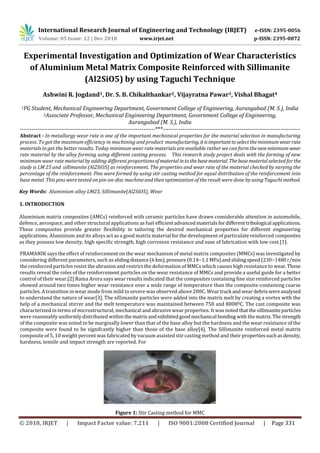 International Research Journal of Engineering and Technology (IRJET) e-ISSN: 2395-0056
Volume: 05 Issue: 12 | Dec 2018 www.irjet.net p-ISSN: 2395-0072
© 2018, IRJET | Impact Factor value: 7.211 | ISO 9001:2008 Certified Journal | Page 331
Experimental Investigation and Optimization of Wear Characteristics
of Aluminium Metal Matrix Composite Reinforced with Sillimanite
(Al2SiO5) by using Taguchi Technique
Ashwini R. Jogdand1, Dr. S. B. Chikalthankar2, Vijayratna Pawar3, Vishal Bhagat4
1PG Student, Mechanical Engineering Department, Government College of Engineering, Aurangabad (M. S.), India
2Associate Professor, Mechanical Engineering Department, Government College of Engineering,
Aurangabad (M. S.), India
---------------------------------------------------------------------***----------------------------------------------------------------------
Abstract - In metallurgy wear rate is one of the important mechanical properties for the material selection in manufacturing
process. To get the maximum efficiency in machining and product manufacturing, itisimportanttoselecttheminimum wearrate
materials to get the better results. Today minimum wear rate materials are available rather we can form thenewminimumwear
rate material by the alloy forming using different casting process. This research study project deals with the forming of new
minimum wear rate material by adding different proportionsofmaterial intothebasematerial. Thebasematerialselectedforthe
study is LM 25 and sillimanite (Al2SiO5) as reinforcement. The properties and wear rate of the material checked by varying the
percentage of the reinforcement. Pins were formed by using stir casting method for equal distribution of the reinforcement into
base metal. This pins were tested on pin-on-disc machine and then optimization of the result were done by using Taguchimethod.
Key Words: Aluminium alloy LM25, Sillimanite(Al2SiO5), Wear
1. INTRODUCTION
Aluminium matrix composites (AMCs) reinforced with ceramic particles have drawn considerable attention in automobile,
defence, aerospace, and other structural applications as fuel eﬃcientadvancedmaterialsfordiﬀerenttribological applications.
These composites provide greater ﬂexibility in tailoring the desired mechanical properties for diﬀerent engineering
applications. Aluminium and its alloys act as a good matrix material for the development of particulate reinforced composites
as they possess low density, high speciﬁc strength, high corrosion resistance and ease of fabrication with low cost.[1].
PRAMANIK says the effect of reinforcement on the wear mechanism of metal matrix composites (MMCs) was investigated by
considering different parameters, such asslidingdistance(6km),pressure(0.14−1.1 MPa)andslidingspeed(230−1480r/min
the reinforced particles resist the abrasion and restrict the deformation of MMCs which causes high resistance to wear.These
results reveal the roles of the reinforcement particles on the wear resistance of MMCs and provide a useful guide for a better
control of their wear.[2] Rama Arora says wear results indicated that the composites containing fine size reinforced particles
showed around two times higher wear resistance over a wide range of temperature than the composite-containing coarse
particles. A transition in wear mode from mild to severe was observed above 200C. Weartrack andweardebriswereanalysed
to understand the nature of wear[3]. The sillimanite particles were added into the matrix melt by creating a vortex with the
help of a mechanical stirrer and the melt temperature was maintained between 750 and 8008ºC. The cast composite was
characterized in terms of microstructural, mechanical and abrasive wear properties. It was notedthatthesillimaniteparticles
were reasonably uniformly distributed withinthe matrix andexhibitedgoodmechanical bonding withthematrix.Thestrength
of the composite was noted to be marginally lower than that of the base alloy but the hardness and the wear resistance of the
composite were found to be signifcantly higher than those of the base alloy[4]. The Sillimanite reinforced metal matrix
composite of 5, 10 weight percent was fabricated by vacuum assisted stir casting method and their propertiessuchasdensity,
hardness, tensile and impact strength are reported. For
Figure 1: Stir Casting method for MMC
 