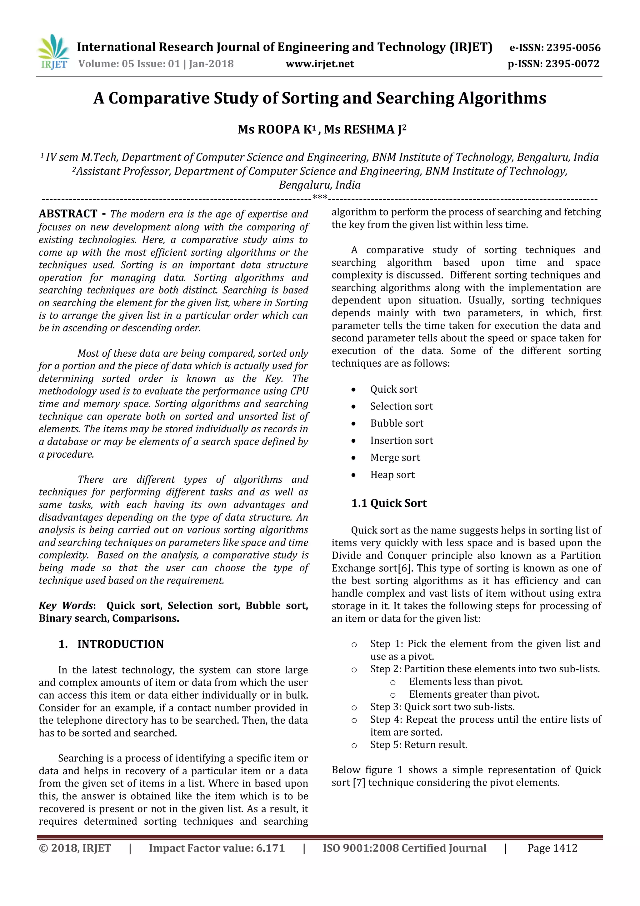 A Comparative Study of Sorting and Searching Algorithms | PDF