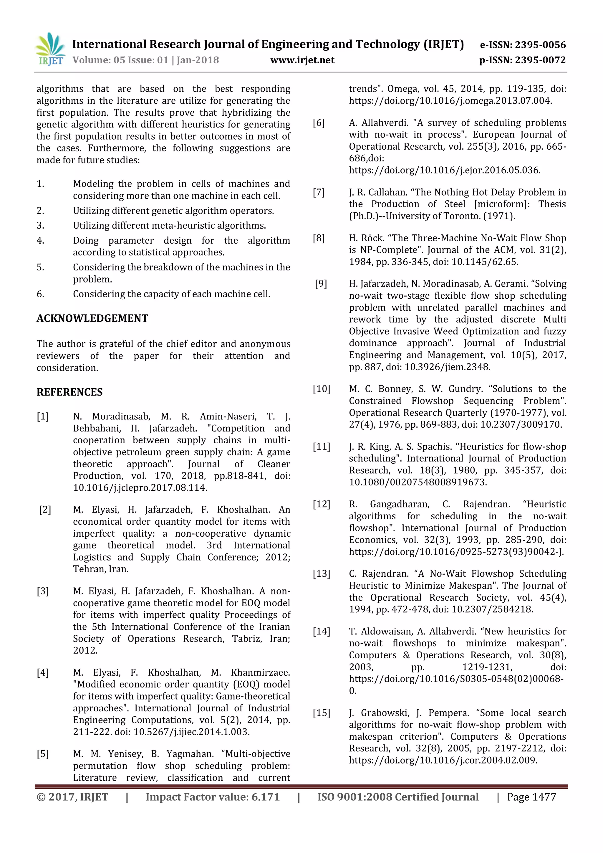 International Research Journal of Engineering and Technology (IRJET) e-ISSN: 2395-0056
Volume: 05 Issue: 01 | Jan-2018 www.irjet.net p-ISSN: 2395-0072
© 2017, IRJET | Impact Factor value: 6.171 | ISO 9001:2008 Certified Journal | Page 1477
algorithms that are based on the best responding
algorithms in the literature are utilize for generating the
first population. The results prove that hybridizing the
genetic algorithm with different heuristics for generating
the first population results in better outcomes in most of
the cases. Furthermore, the following suggestions are
made for future studies:
1. Modeling the problem in cells of machines and
considering more than one machine in each cell.
2. Utilizing different genetic algorithm operators.
3. Utilizing different meta-heuristic algorithms.
4. Doing parameter design for the algorithm
according to statistical approaches.
5. Considering the breakdown of the machines in the
problem.
6. Considering the capacity of each machine cell.
ACKNOWLEDGEMENT
The author is grateful of the chief editor and anonymous
reviewers of the paper for their attention and
consideration.
REFERENCES
[1] N. Moradinasab, M. R. Amin-Naseri, T. J.
Behbahani, H. Jafarzadeh. "Competition and
cooperation between supply chains in multi-
objective petroleum green supply chain: A game
theoretic approach". Journal of Cleaner
Production, vol. 170, 2018, pp.818-841, doi:
10.1016/j.jclepro.2017.08.114.
[2] M. Elyasi, H. Jafarzadeh, F. Khoshalhan. An
economical order quantity model for items with
imperfect quality: a non-cooperative dynamic
game theoretical model. 3rd International
Logistics and Supply Chain Conference; 2012;
Tehran, Iran.
[3] M. Elyasi, H. Jafarzadeh, F. Khoshalhan. A non-
cooperative game theoretic model for EOQ model
for items with imperfect quality Proceedings of
the 5th International Conference of the Iranian
Society of Operations Research, Tabriz, Iran;
2012.
[4] M. Elyasi, F. Khoshalhan, M. Khanmirzaee.
"Modified economic order quantity (EOQ) model
for items with imperfect quality: Game-theoretical
approaches". International Journal of Industrial
Engineering Computations, vol. 5(2), 2014, pp.
211-222. doi: 10.5267/j.ijiec.2014.1.003.
[5] M. M. Yenisey, B. Yagmahan. “Multi-objective
permutation flow shop scheduling problem:
Literature review, classification and current
trends". Omega, vol. 45, 2014, pp. 119-135, doi:
https://doi.org/10.1016/j.omega.2013.07.004.
[6] A. Allahverdi. "A survey of scheduling problems
with no-wait in process". European Journal of
Operational Research, vol. 255(3), 2016, pp. 665-
686,doi:
https://doi.org/10.1016/j.ejor.2016.05.036.
[7] J. R. Callahan. “The Nothing Hot Delay Problem in
the Production of Steel [microform]: Thesis
(Ph.D.)--University of Toronto. (1971).
[8] H. Röck. “The Three-Machine No-Wait Flow Shop
is NP-Complete". Journal of the ACM, vol. 31(2),
1984, pp. 336-345, doi: 10.1145/62.65.
[9] H. Jafarzadeh, N. Moradinasab, A. Gerami. “Solving
no-wait two-stage flexible flow shop scheduling
problem with unrelated parallel machines and
rework time by the adjusted discrete Multi
Objective Invasive Weed Optimization and fuzzy
dominance approach". Journal of Industrial
Engineering and Management, vol. 10(5), 2017,
pp. 887, doi: 10.3926/jiem.2348.
[10] M. C. Bonney, S. W. Gundry. “Solutions to the
Constrained Flowshop Sequencing Problem".
Operational Research Quarterly (1970-1977), vol.
27(4), 1976, pp. 869-883, doi: 10.2307/3009170.
[11] J. R. King, A. S. Spachis. “Heuristics for flow-shop
scheduling". International Journal of Production
Research, vol. 18(3), 1980, pp. 345-357, doi:
10.1080/00207548008919673.
[12] R. Gangadharan, C. Rajendran. “Heuristic
algorithms for scheduling in the no-wait
flowshop". International Journal of Production
Economics, vol. 32(3), 1993, pp. 285-290, doi:
https://doi.org/10.1016/0925-5273(93)90042-J.
[13] C. Rajendran. “A No-Wait Flowshop Scheduling
Heuristic to Minimize Makespan". The Journal of
the Operational Research Society, vol. 45(4),
1994, pp. 472-478, doi: 10.2307/2584218.
[14] T. Aldowaisan, A. Allahverdi. “New heuristics for
no-wait flowshops to minimize makespan".
Computers & Operations Research, vol. 30(8),
2003, pp. 1219-1231, doi:
https://doi.org/10.1016/S0305-0548(02)00068-
0.
[15] J. Grabowski, J. Pempera. “Some local search
algorithms for no-wait flow-shop problem with
makespan criterion". Computers & Operations
Research, vol. 32(8), 2005, pp. 2197-2212, doi:
https://doi.org/10.1016/j.cor.2004.02.009.
 