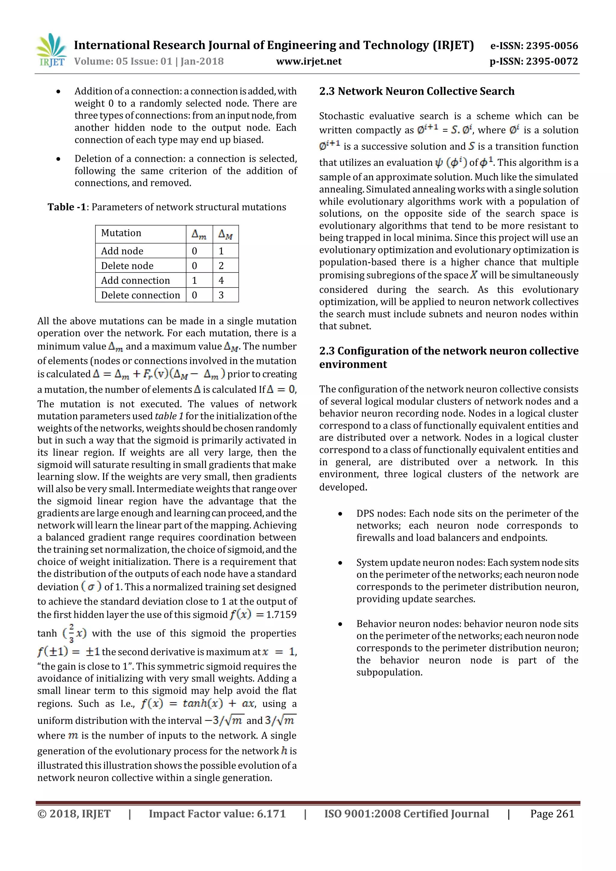 International Research Journal of Engineering and Technology (IRJET) e-ISSN: 2395-0056
Volume: 05 Issue: 01 | Jan-2018 www.irjet.net p-ISSN: 2395-0072
© 2018, IRJET | Impact Factor value: 6.171 | ISO 9001:2008 Certified Journal | Page 261
 Additionof a connection: a connectionisadded,with
weight 0 to a randomly selected node. There are
three types ofconnections: from aninputnode,from
another hidden node to the output node. Each
connection of each type may end up biased.
 Deletion of a connection: a connection is selected,
following the same criterion of the addition of
connections, and removed.
Table -1: Parameters of network structural mutations
Mutation
Add node 0 1
Delete node 0 2
Add connection 1 4
Delete connection 0 3
All the above mutations can be made in a single mutation
operation over the network. For each mutation, there is a
minimum value and a maximum value . The number
of elements (nodes or connections involved in the mutation
is calculated prior to creating
a mutation, the number of elements is calculated If ,
The mutation is not executed. The values of network
mutation parametersused table 1 for the initializationofthe
weights of the networks, weightsshouldbechosenrandomly
but in such a way that the sigmoid is primarily activated in
its linear region. If weights are all very large, then the
sigmoid will saturate resulting in small gradients that make
learning slow. If the weights are very small, then gradients
will also be very small. Intermediate weights that rangeover
the sigmoid linear region have the advantage that the
gradients are large enough and learningcanproceed,andthe
network will learn the linear part of the mapping. Achieving
a balanced gradient range requires coordination between
the training set normalization, the choice of sigmoid,andthe
choice of weight initialization. There is a requirement that
the distribution of the outputs of each node have a standard
deviation of 1. This a normalized training set designed
to achieve the standard deviation close to 1 at the output of
the first hidden layer the use of this sigmoid 1.7159
tanh with the use of this sigmoid the properties
the second derivative is maximum at ,
“the gain is close to 1”. This symmetric sigmoid requires the
avoidance of initializing with very small weights. Adding a
small linear term to this sigmoid may help avoid the flat
regions. Such as I.e., , using a
uniform distribution with the interval and
where is the number of inputs to the network. A single
generation of the evolutionary process for the network is
illustrated this illustration showsthe possible evolution of a
network neuron collective within a single generation.
2.3 Network Neuron Collective Search
Stochastic evaluative search is a scheme which can be
written compactly as = , where is a solution
is a successive solution and is a transition function
that utilizes an evaluation of . This algorithm is a
sample of an approximate solution. Much like the simulated
annealing. Simulated annealing workswith a single solution
while evolutionary algorithms work with a population of
solutions, on the opposite side of the search space is
evolutionary algorithms that tend to be more resistant to
being trapped in local minima. Since this project will use an
evolutionary optimization and evolutionary optimization is
population-based there is a higher chance that multiple
promising subregions of the space will be simultaneously
considered during the search. As this evolutionary
optimization, will be applied to neuron network collectives
the search must include subnets and neuron nodes within
that subnet.
2.3 Configuration of the network neuron collective
environment
The configuration of the network neuron collective consists
of several logical modular clusters of network nodes and a
behavior neuron recording node. Nodes in a logical cluster
correspond to a class of functionally equivalent entities and
are distributed over a network. Nodes in a logical cluster
correspond to a class of functionally equivalent entities and
in general, are distributed over a network. In this
environment, three logical clusters of the network are
developed.
 DPS nodes: Each node sits on the perimeter of the
networks; each neuron node corresponds to
firewalls and load balancers and endpoints.
 System update neuron nodes: Eachsystemnodesits
on the perimeter of the networks;eachneuronnode
corresponds to the perimeter distribution neuron,
providing update searches.
 Behavior neuron nodes: behavior neuron node sits
on the perimeter of the networks;eachneuronnode
corresponds to the perimeter distribution neuron;
the behavior neuron node is part of the
subpopulation.
 