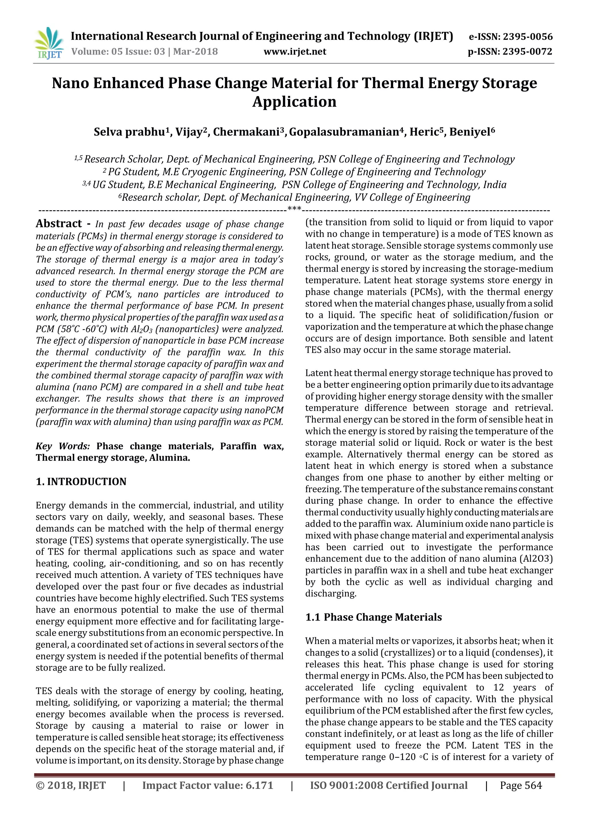 IRJET- Nano Enhanced Phase Change Material for Thermal Energy Storage ...