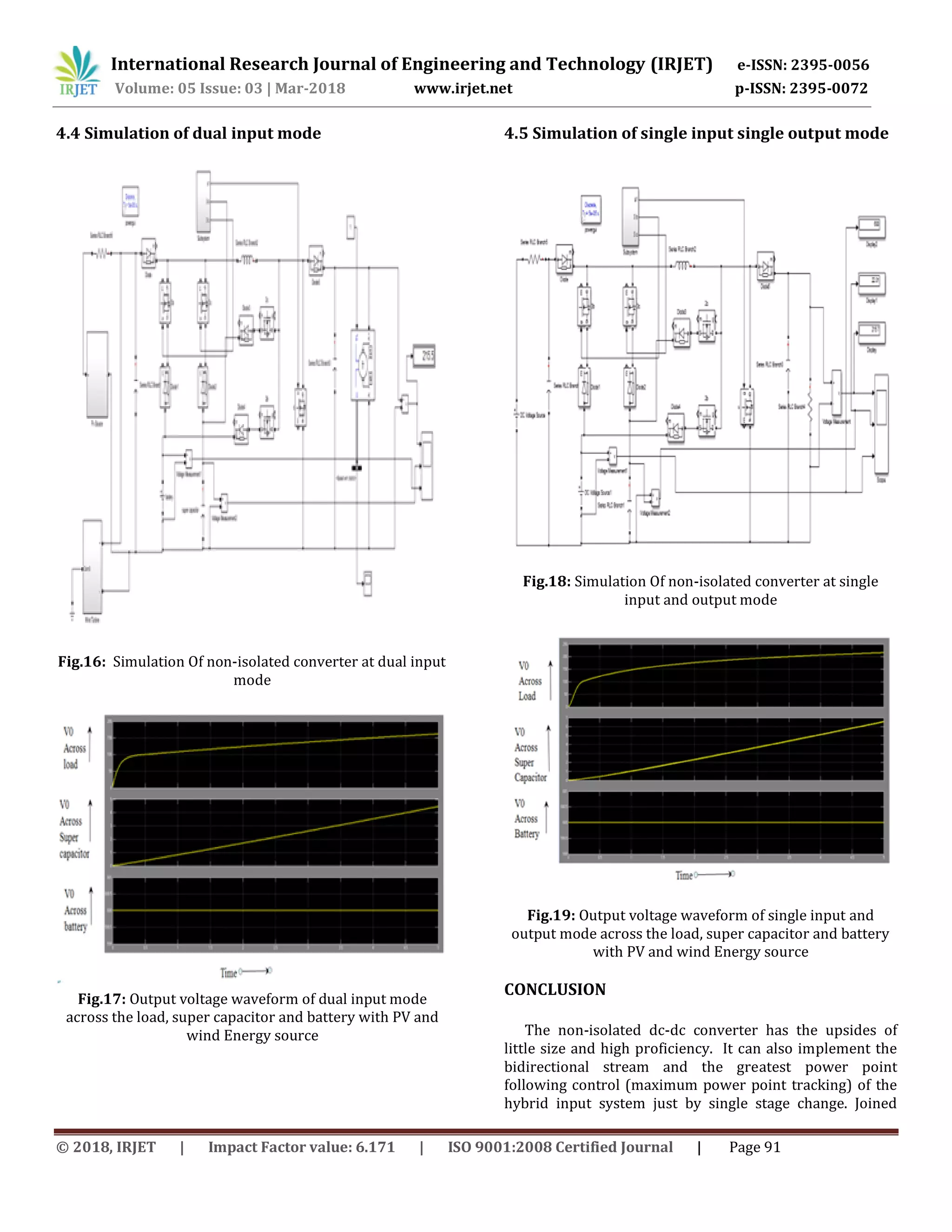 International Research Journal of Engineering and Technology (IRJET) e-ISSN: 2395-0056
Volume: 05 Issue: 03 | Mar-2018 www.irjet.net p-ISSN: 2395-0072
© 2018, IRJET | Impact Factor value: 6.171 | ISO 9001:2008 Certified Journal | Page 91
4.4 Simulation of dual input mode
Fig.16: Simulation Of non-isolated converter at dual input
mode
Fig.17: Output voltage waveform of dual input mode
across the load, super capacitor and battery with PV and
wind Energy source
4.5 Simulation of single input single output mode
Fig.18: Simulation Of non-isolated converter at single
input and output mode
Fig.19: Output voltage waveform of single input and
output mode across the load, super capacitor and battery
with PV and wind Energy source
CONCLUSION
The non-isolated dc-dc converter has the upsides of
little size and high proficiency. It can also implement the
bidirectional stream and the greatest power point
following control (maximum power point tracking) of the
hybrid input system just by single stage change. Joined
 