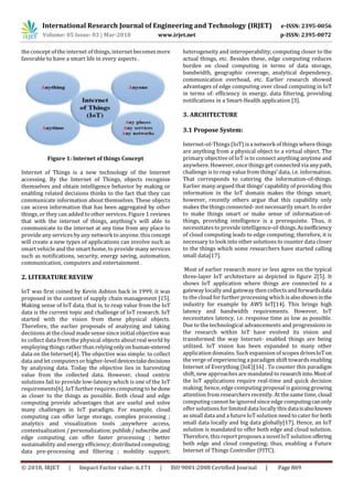 International Research Journal of Engineering and Technology (IRJET) e-ISSN: 2395-0056
Volume: 05 Issue: 03 | Mar-2018 www.irjet.net p-ISSN: 2395-0072
© 2018, IRJET | Impact Factor value: 6.171 | ISO 9001:2008 Certified Journal | Page 869
the concept of the internet of things, internet becomes more
favorable to have a smart life in every aspects .
Figure 1: Internet of things Concept
Internet of Things is a new technology of the Internet
accessing. By the Internet of Things, objects recognize
themselves and obtain intelligence behavior by making or
enabling related decisions thinks to the fact that they can
communicate information about themselves. These objects
can access information that has been aggregated by other
things, or they can added to other services. Figure 1 reviews
that with the internet of things, anything’s will able to
communicate to the internet at any time from any place to
provide any services by any network to anyone. this concept
will create a new types of applications can involve such as
smart vehicle and the smart home, to provide many services
such as notifications, security, energy saving, automation,
communication, computers and entertainment .
2. LITERATURE REVIEW
IoT was first coined by Kevin Ashton back in 1999, it was
proposed in the context of supply chain management [15].
Making sense of IoT data, that is, to reap value from the IoT
data is the current topic and challenge of IoT research. IoT
started with the vision from these physical objects.
Therefore, the earlier proposals of analyzing and taking
decisions at the cloud made sense since initial objective was
to collect data from the physical objects about real world by
employing things rather than relyingonlyonhuman-entered
data on the Internet[4]. The objective was simple: to collect
data and let computers or higher-level devicestakedecisions
by analyzing data. Today the objective lies in harvesting
value from the collected data. However, cloud centric
solutions fail to provide low-latency which is one of the IoT
requirements[6]. IoT further requires computing to be done
as closer to the things as possible. Both cloud and edge
computing provide advantages that are useful and solve
many challenges in IoT paradigm. For example, cloud
computing can offer large storage, complex processing ;
analytics and visualization tools ;anywhere access,
contextualization / personalization; publish/subscribe;and
edge computing can offer faster processing ; better
sustainability and energy efficiency; distributed computing;
data pre-processing and filtering ; mobility support;
heterogeneity and interoperability; computing closer to the
actual things, etc. Besides these, edge computing reduces
burden on cloud computing in terms of data storage,
bandwidth, geographic coverage, analytical dependency,
communication overhead, etc. Earlier research showed
advantages of edge computing over cloud computing in IoT
in terms of: efficiency in energy, data filtering, providing
notifications in a Smart-Health application [3].
3. ARCHITECTURE
3.1 Propose System:
Internet-of-Things (IoT) isa network of things where things
are anything from a physical object to a virtual object. The
primary objective of IoT is to connect anything anytime and
anywhere. However, once things get connected via anypath,
challenge is to reap value from things’ data, i.e. information.
That corresponds to catering the information-of-things.
Earlier many argued that things’ capability of providing this
information in the IoT domain makes the things smart;
however, recently others argue that this capability only
makes the things connected- not necessarily smart. In order
to make things smart or make sense of information-of-
things, providing intelligence is a prerequisite. Thus, it
necessitates to provide intelligence-of-things.Asinefficiency
of cloud computing leads to edge computing; therefore, it is
necessary to look into other solutions to counter data closer
to the things which some researchers have started calling
small data[17].
Most of earlier research more or less agree on the typical
three-layer IoT architecture as depicted in figure 2[5]. It
shows IoT application where things are connected to a
gateway locally and gateway then collects andforwardsdata
to the cloud for further processing which isalsoshowninthe
industry for example by AWS IoT[14]. This brings high
latency and bandwidth requirements. However, IoT
necessitates latency, i.e. response time as low as possible.
Due to the technological advancements and progressions in
the research within IoT have evolved its vision and
transformed the way Internet- enabled things are being
utilized. IoT vision has been expanded to many other
application domains. Such expansion of scopes drivesIoTon
the verge of experiencing a paradigm shift towards enabling
Internet of Everything (IoE)[16] . To counter this paradigm
shift, new approaches are mandated to research into.Mostof
the IoT applications require real-time and quick decision
making; hence, edge computing proposal is gaining growing
attention from researchers recently. At the same time, cloud
computing cannot be ignored since edge computingcanonly
offer solutions for limited data locally this dataisalsoknown
as small data and a future IoT solution need to cater for both
small data locally and big data globally[17]. Hence, an IoT
solution is mandated to offer both edge and cloud solution.
Therefore, this report proposes a novel IoT solution offering
both edge and cloud computing; thus, enabling a Future
Internet of Things Controller (FITC).
 