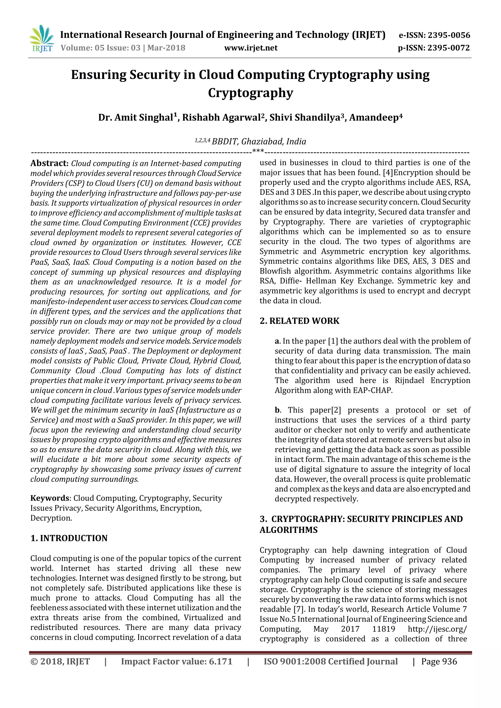 IRJET- Ensuring Security in Cloud Computing Cryptography using ...