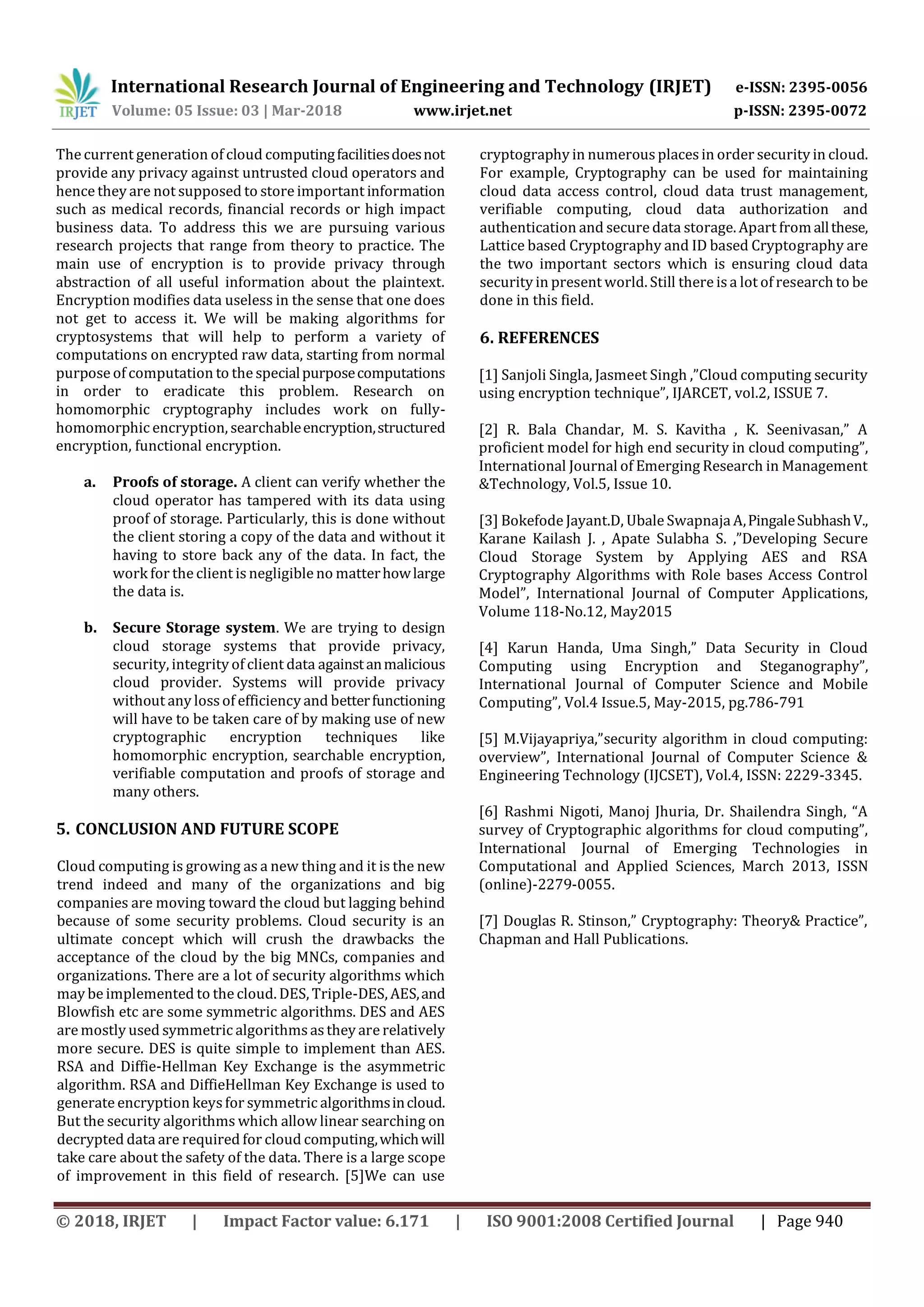 IRJET- Ensuring Security in Cloud Computing Cryptography using ...