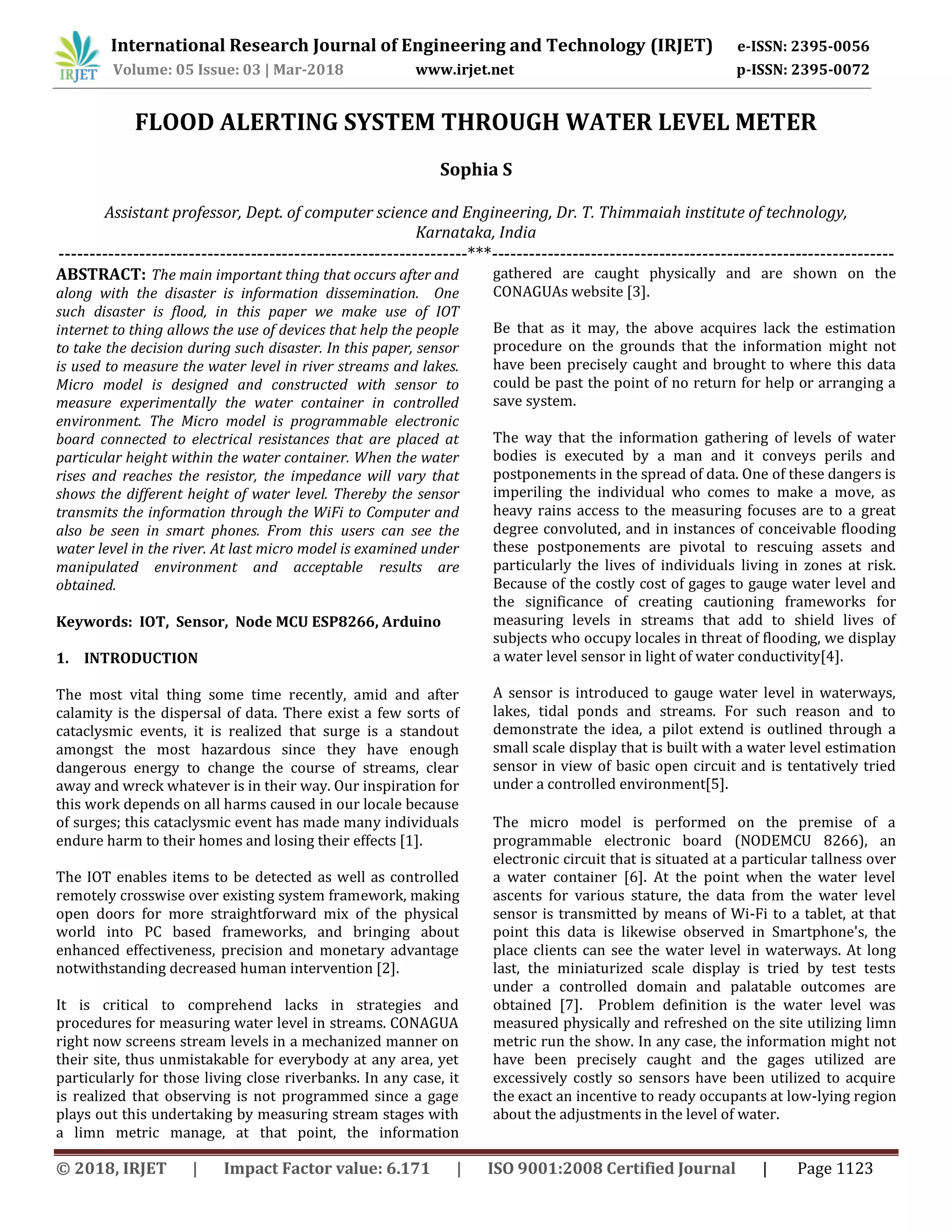 IRJET- Flood Alerting System through Water Level Meter | PDF
