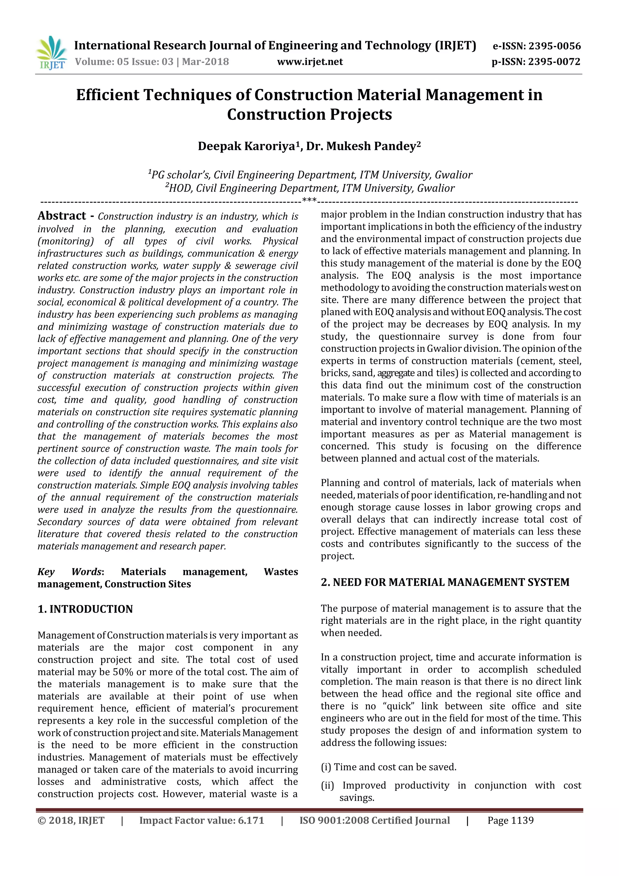 IRJET- Efficient Techniques of Construction Material Management in ...