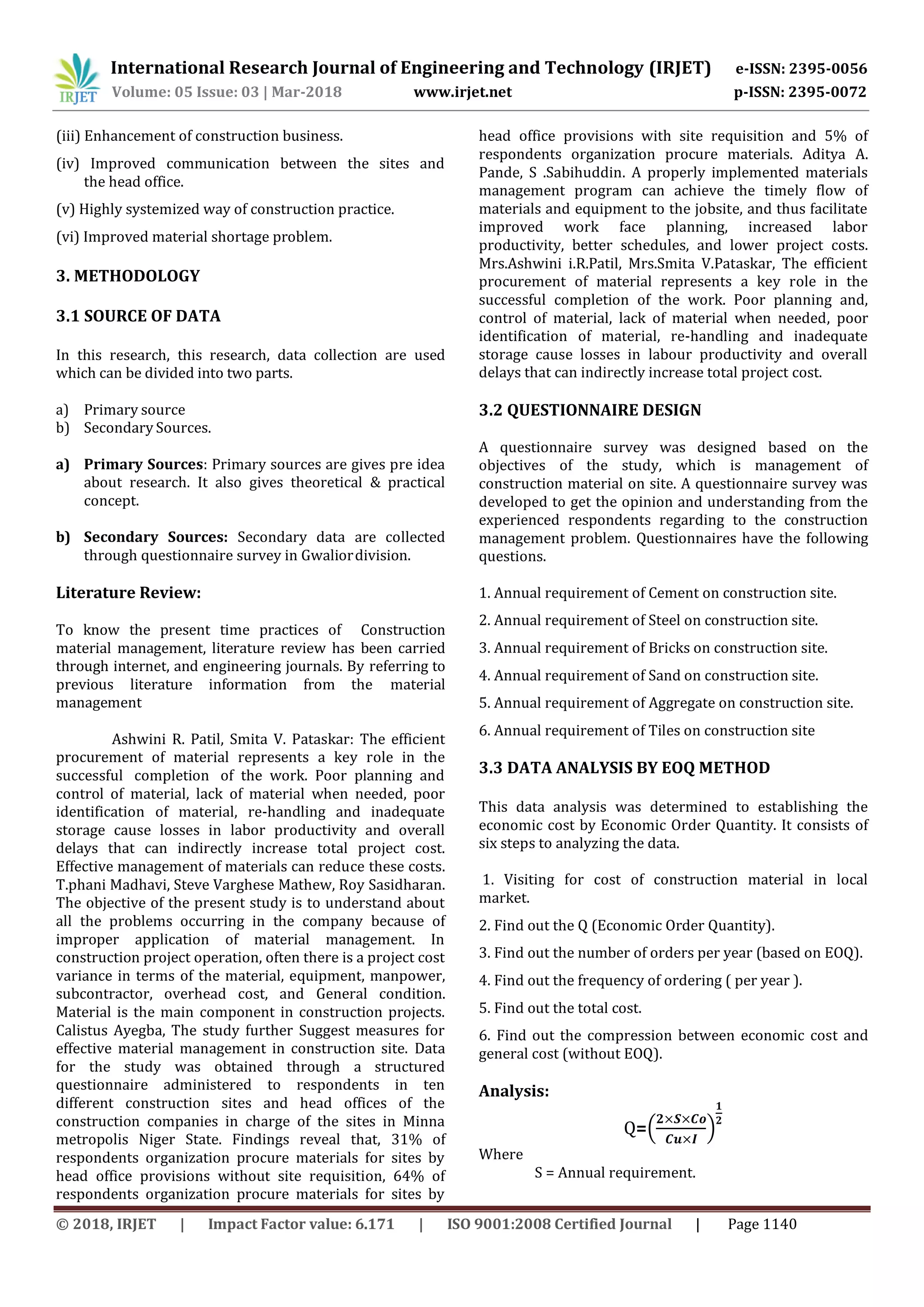 IRJET- Efficient Techniques of Construction Material Management in ...