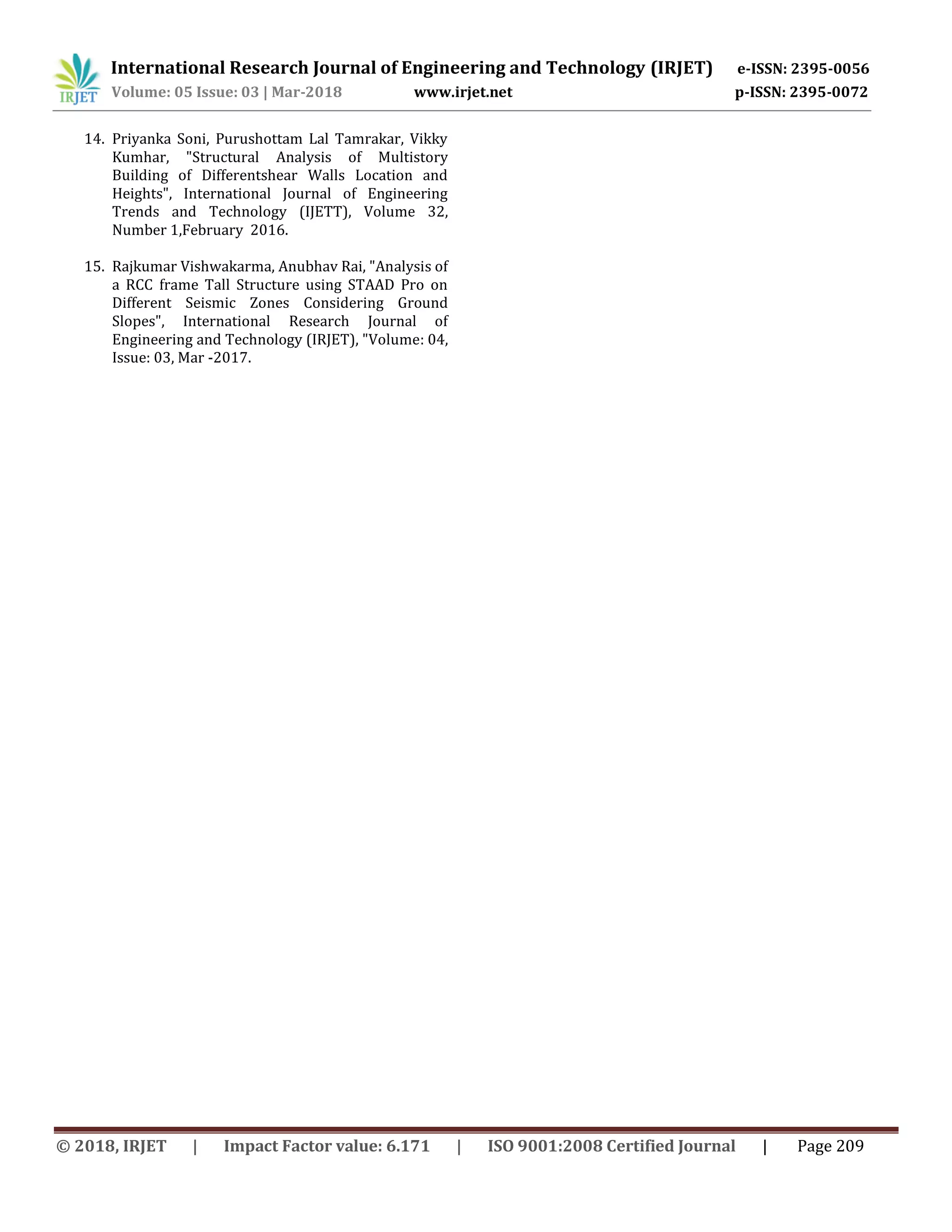 International Research Journal of Engineering and Technology (IRJET) e-ISSN: 2395-0056
Volume: 05 Issue: 03 | Mar-2018 www.irjet.net p-ISSN: 2395-0072
© 2018, IRJET | Impact Factor value: 6.171 | ISO 9001:2008 Certified Journal | Page 209
14. Priyanka Soni, Purushottam Lal Tamrakar, Vikky
Kumhar, "Structural Analysis of Multistory
Building of Differentshear Walls Location and
Heights", International Journal of Engineering
Trends and Technology (IJETT), Volume 32,
Number 1,February 2016.
15. Rajkumar Vishwakarma, Anubhav Rai, "Analysis of
a RCC frame Tall Structure using STAAD Pro on
Different Seismic Zones Considering Ground
Slopes", International Research Journal of
Engineering and Technology (IRJET), "Volume: 04,
Issue: 03, Mar -2017.
 