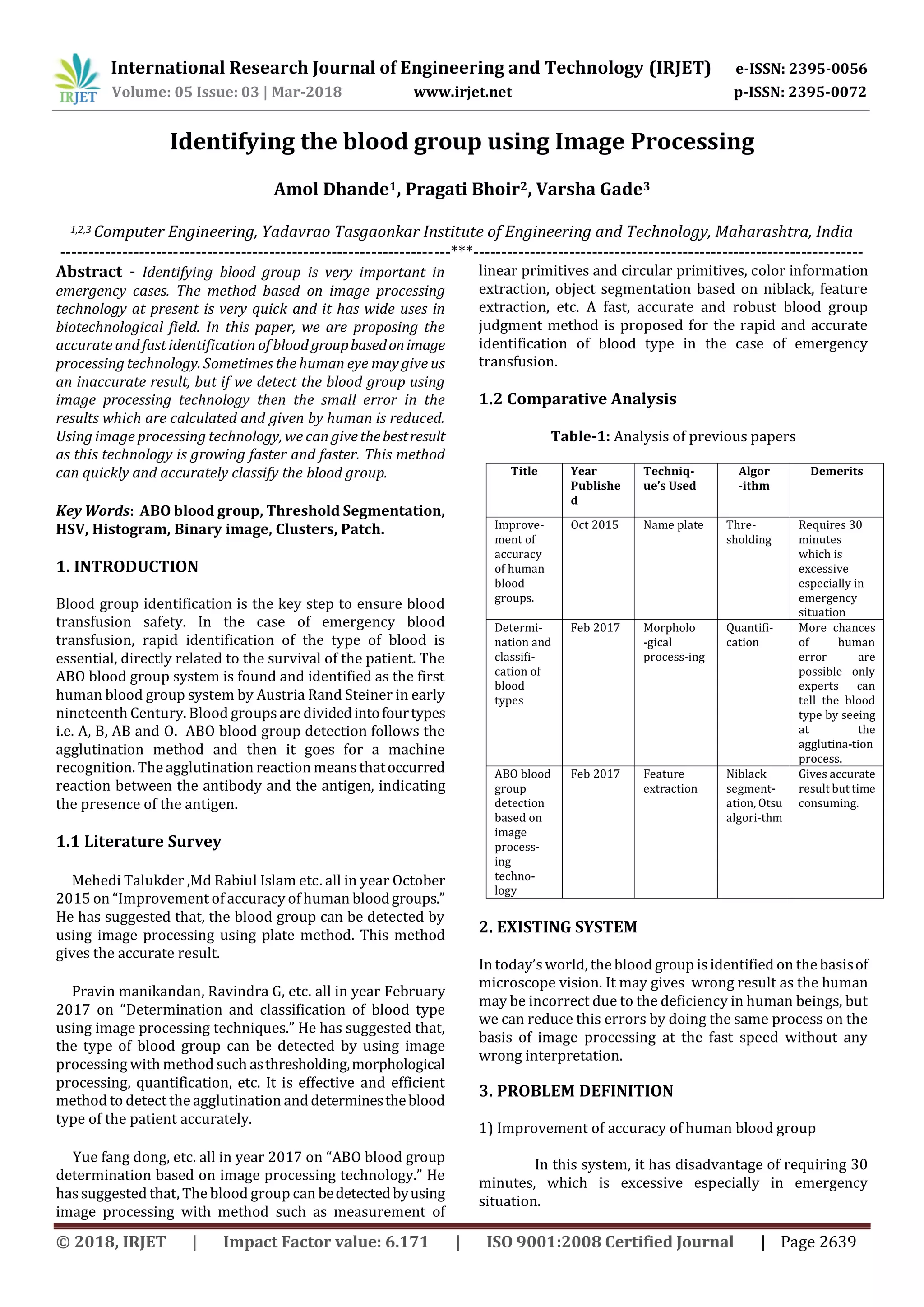 IRJET- Identifying the Blood Group using Image Processing | PDF