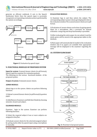 International Research Journal of Engineering and Technology (IRJET) e-ISSN: 2395-0056
Volume: 05 Issue: 03 | Mar-2018 www.irjet.net p-ISSN: 2395-0072
© 2018, IRJET | Impact Factor value: 6.171 | ISO 9001:2008 Certified Journal | Page 2649
generate an efficient codebook. It acts in the Speech
Synthesizer block. Once the speech input is accurately
recognized, corresponding evaluationactionisperformedby
the system accordingly.
Figure-2: Evaluation by speech input
9. FUNCTIONAL MODULES OF PROPOSED SYSTEM
Input for system: Scanned Answer sheets (in pdf format),
Speech input by examiner for evaluation purpose.
The following are the various functional modules of the
proposed system.
Output of system: Evaluated answer sheets.
ADMIN MODULE :
Admin logs in to the system. Admin can perform following
functions.
1) Upload scanned Answer sheets(inpdfformat) & question
paper.
2) Add/Remove ExaminersandEdit theirDetailsbychoosing
semester, branch and subject.
EXAMINER MODULE :
Examiner login to the system. Examiner can perform
following functions.
1) Select the required subject if one or more subjects are
assigned to him/her.
2) Evaluate answer sheets for the selected/assigned subject
by giving marks either by speech input using a microphone
or manually.
EVALUATION MODULE :
1) Examiner logs in and then selects the subject. The
corresponding subject answer sheetsget displayed to him in
the evaluationwindow.The scanned answer sheetsareinpdf
format.
2) Evaluationof answer sheetscan be done by givingspeech
input via a microphone. Also a provision for manual
evaluation using drag and drop functionality is provided.
3) After evaluating the entire paper, he can submit it and the
marks given will be stored in the appropriate tables in the
database.
4) Next paper will automatically be loaded in the evaluation
window and if no papers are available then appropriate
message will be displayed to the examiner regarding the
same.
10. SYSTEM FLOWCHART
Fig -3: Flowchart of proposed system
 