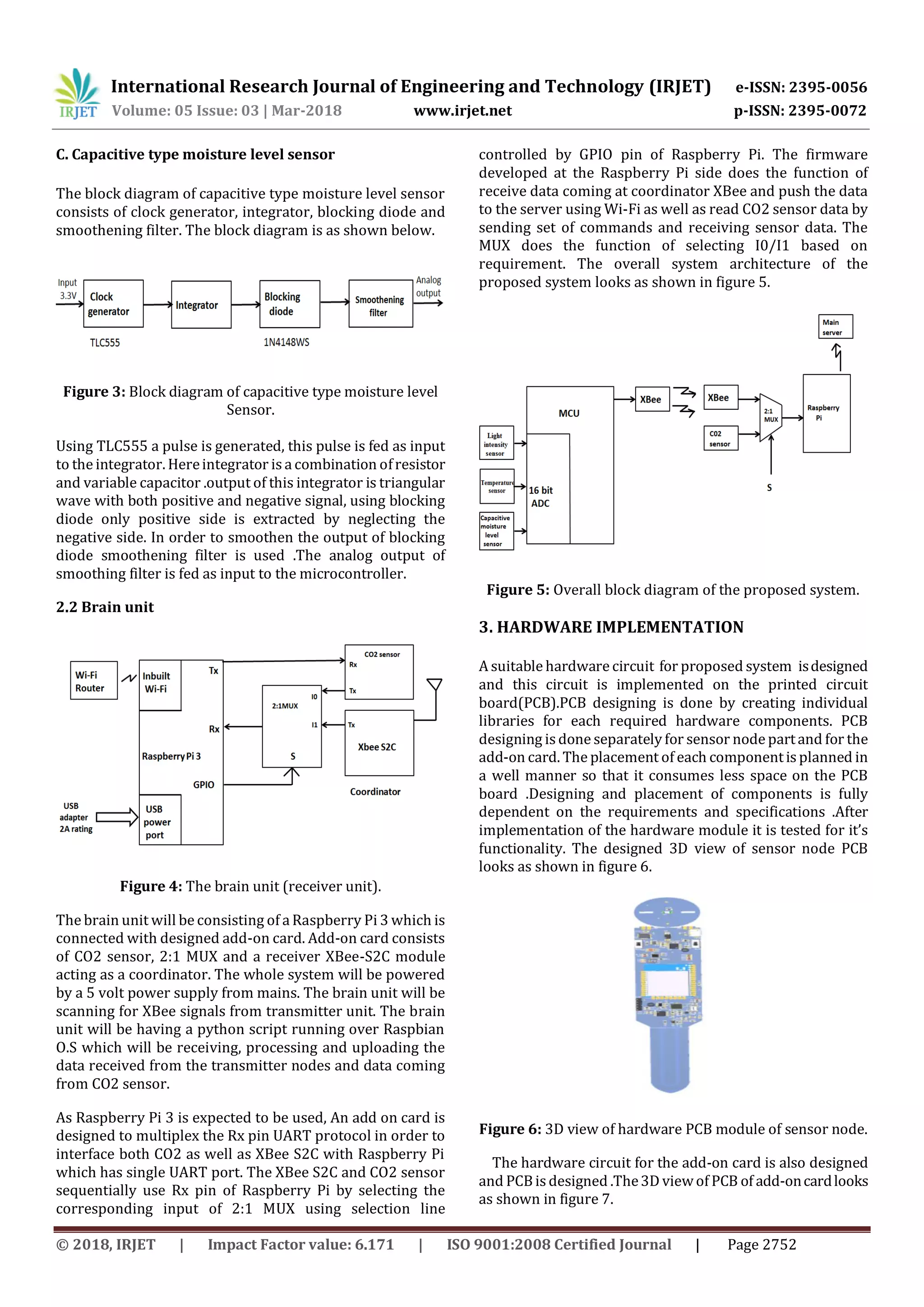 International Research Journal of Engineering and Technology (IRJET) e-ISSN: 2395-0056
Volume: 05 Issue: 03 | Mar-2018 www.irjet.net p-ISSN: 2395-0072
© 2018, IRJET | Impact Factor value: 6.171 | ISO 9001:2008 Certified Journal | Page 2752
C. Capacitive type moisture level sensor
The block diagram of capacitive type moisture level sensor
consists of clock generator, integrator, blocking diode and
smoothening filter. The block diagram is as shown below.
Figure 3: Block diagram of capacitive type moisture level
Sensor.
Using TLC555 a pulse is generated, this pulse is fed as input
to the integrator. Hereintegrator is a combination ofresistor
and variable capacitor .output of this integrator is triangular
wave with both positive and negative signal, using blocking
diode only positive side is extracted by neglecting the
negative side. In order to smoothen the output of blocking
diode smoothening filter is used .The analog output of
smoothing filter is fed as input to the microcontroller.
2.2 Brain unit
Figure 4: The brain unit (receiver unit).
The brain unit will be consisting of a Raspberry Pi 3 which is
connected with designed add-on card. Add-on card consists
of CO2 sensor, 2:1 MUX and a receiver XBee-S2C module
acting as a coordinator. The whole system will be powered
by a 5 volt power supply from mains. The brain unit will be
scanning for XBee signals from transmitter unit. The brain
unit will be having a python script running over Raspbian
O.S which will be receiving, processing and uploading the
data received from the transmitter nodes and data coming
from CO2 sensor.
As Raspberry Pi 3 is expected to be used, An add on card is
designed to multiplex the Rx pin UART protocol in order to
interface both CO2 as well as XBee S2C with Raspberry Pi
which has single UART port. The XBee S2C and CO2 sensor
sequentially use Rx pin of Raspberry Pi by selecting the
corresponding input of 2:1 MUX using selection line
controlled by GPIO pin of Raspberry Pi. The firmware
developed at the Raspberry Pi side does the function of
receive data coming at coordinator XBee and push the data
to the server using Wi-Fi as well as read CO2 sensor data by
sending set of commands and receiving sensor data. The
MUX does the function of selecting I0/I1 based on
requirement. The overall system architecture of the
proposed system looks as shown in figure 5.
Figure 5: Overall block diagram of the proposed system.
3. HARDWARE IMPLEMENTATION
A suitable hardware circuit for proposed system isdesigned
and this circuit is implemented on the printed circuit
board(PCB).PCB designing is done by creating individual
libraries for each required hardware components. PCB
designing is done separately for sensor node partand for the
add-on card. The placement of each componentisplanned in
a well manner so that it consumes less space on the PCB
board .Designing and placement of components is fully
dependent on the requirements and specifications .After
implementation of the hardware module it is tested for it’s
functionality. The designed 3D view of sensor node PCB
looks as shown in figure 6.
Figure 6: 3D view of hardware PCB module of sensor node.
The hardware circuit for the add-on card is also designed
and PCBis designed .The3D viewof PCB of add-oncardlooks
as shown in figure 7.
 