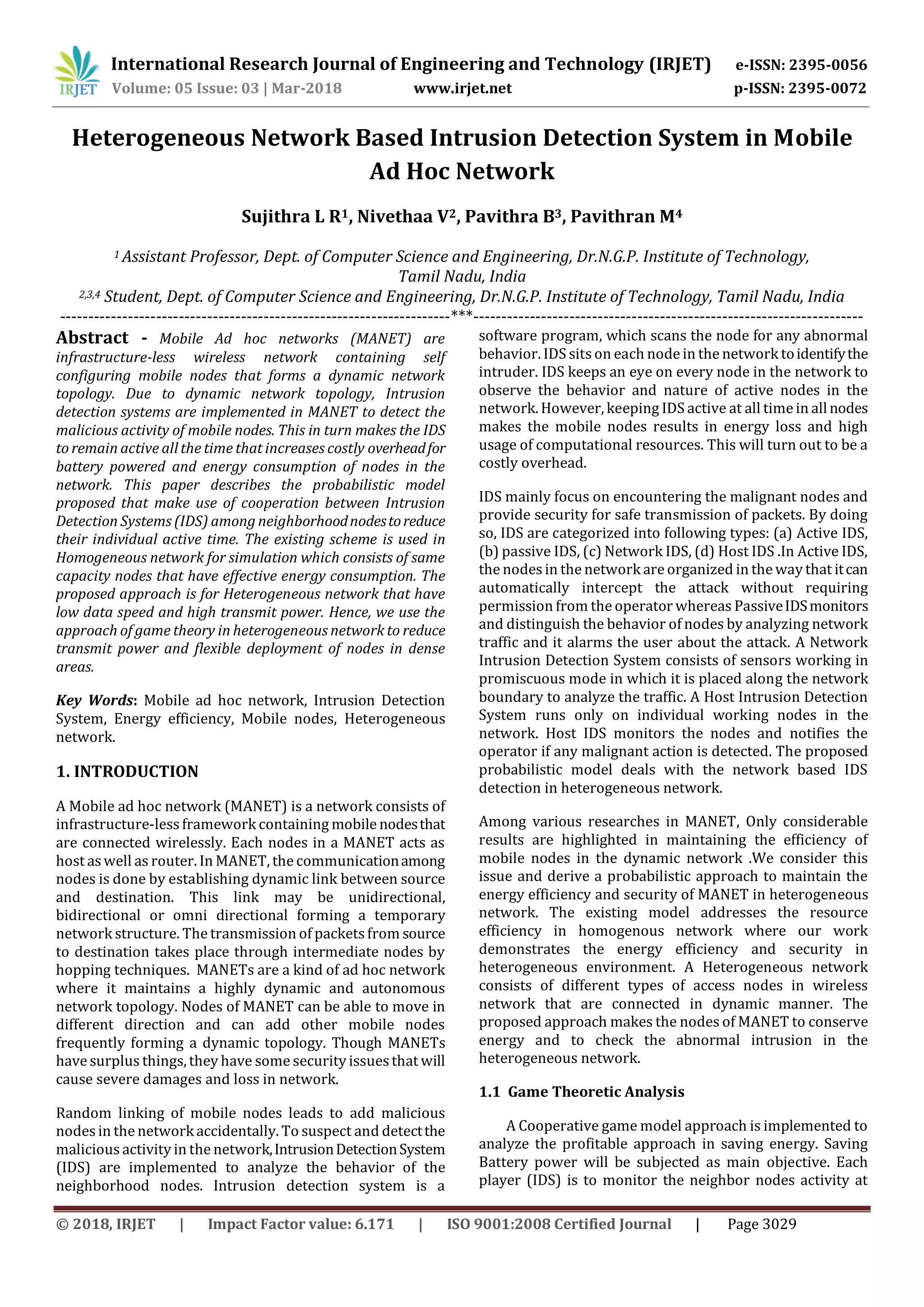 IRJET- Heterogeneous Network Based Intrusion Detection System in Mobile ...