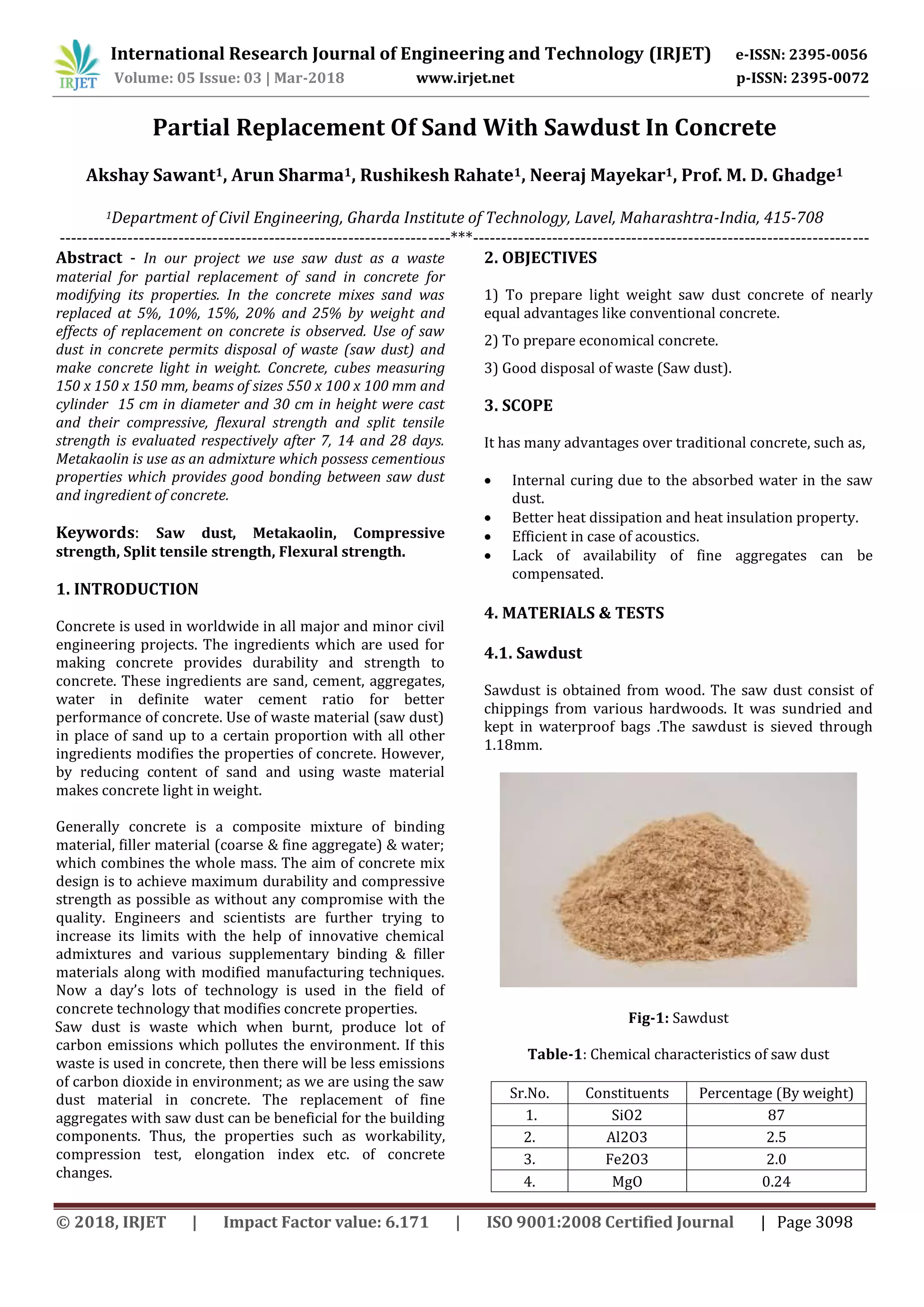 IRJET- Partial Replacement of Sand with Sawdust in Concrete | PDF