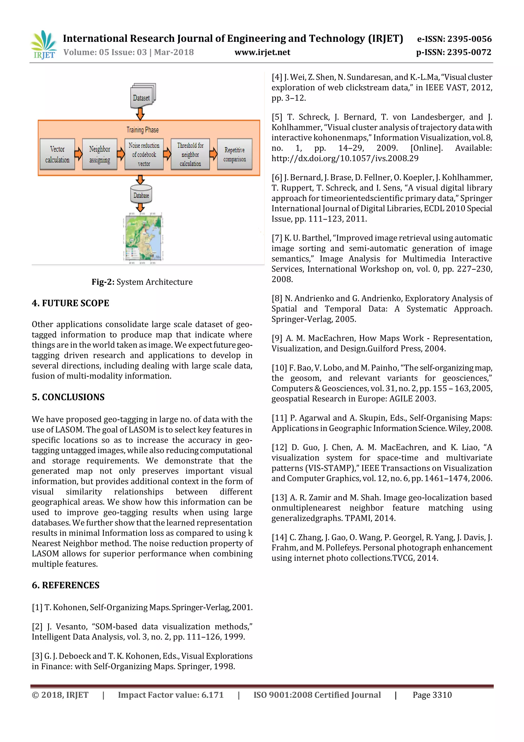International Research Journal of Engineering and Technology (IRJET) e-ISSN: 2395-0056
Volume: 05 Issue: 03 | Mar-2018 www.irjet.net p-ISSN: 2395-0072
© 2018, IRJET | Impact Factor value: 6.171 | ISO 9001:2008 Certified Journal | Page 3310
Fig-2: System Architecture
4. FUTURE SCOPE
Other applications consolidate large scale dataset of geo-
tagged information to produce map that indicate where
things are in the world taken asimage. We expectfuturegeo-
tagging driven research and applications to develop in
several directions, including dealing with large scale data,
fusion of multi-modality information.
5. CONCLUSIONS
We have proposed geo-tagging in large no. of data with the
use of LASOM. The goal of LASOM is to select key features in
specific locations so as to increase the accuracy in geo-
tagging untagged images, while also reducingcomputational
and storage requirements. We demonstrate that the
generated map not only preserves important visual
information, but provides additional context in the form of
visual similarity relationships between different
geographical areas. We show how this information can be
used to improve geo-tagging results when using large
databases. We further show that the learned representation
results in minimal Information loss as compared to using k
Nearest Neighbor method. The noise reduction property of
LASOM allows for superior performance when combining
multiple features.
6. REFERENCES
[1] T. Kohonen, Self-Organizing Maps.Springer-Verlag,2001.
[2] J. Vesanto, “SOM-based data visualization methods,”
Intelligent Data Analysis, vol. 3, no. 2, pp. 111–126, 1999.
[3] G. J. Deboeck and T. K. Kohonen, Eds., Visual Explorations
in Finance: with Self-Organizing Maps. Springer, 1998.
[4] J. Wei, Z. Shen, N. Sundaresan, and K.-L.Ma,“Visualcluster
exploration of web clickstream data,” in IEEE VAST, 2012,
pp. 3–12.
[5] T. Schreck, J. Bernard, T. von Landesberger, and J.
Kohlhammer, “Visual cluster analysis of trajectory datawith
interactive kohonenmaps,” Information Visualization,vol.8,
no. 1, pp. 14–29, 2009. [Online]. Available:
http://dx.doi.org/10.1057/ivs.2008.29
[6] J. Bernard, J. Brase, D. Fellner, O. Koepler, J. Kohlhammer,
T. Ruppert, T. Schreck, and I. Sens, “A visual digital library
approach for timeorientedscientific primary data,” Springer
International Journal of Digital Libraries, ECDL 2010 Special
Issue, pp. 111–123, 2011.
[7] K. U. Barthel, “Improved image retrieval using automatic
image sorting and semi-automatic generation of image
semantics,” Image Analysis for Multimedia Interactive
Services, International Workshop on, vol. 0, pp. 227–230,
2008.
[8] N. Andrienko and G. Andrienko, Exploratory Analysis of
Spatial and Temporal Data: A Systematic Approach.
Springer-Verlag, 2005.
[9] A. M. MacEachren, How Maps Work - Representation,
Visualization, and Design.Guilford Press, 2004.
[10] F. Bao, V. Lobo, and M. Painho, “The self-organizingmap,
the geosom, and relevant variants for geosciences,”
Computers & Geosciences, vol. 31, no. 2, pp. 155 – 163,2005,
geospatial Research in Europe: AGILE 2003.
[11] P. Agarwal and A. Skupin, Eds., Self-Organising Maps:
Applications in Geographic InformationScience.Wiley,2008.
[12] D. Guo, J. Chen, A. M. MacEachren, and K. Liao, “A
visualization system for space-time and multivariate
patterns (VIS-STAMP),” IEEE Transactions on Visualization
and Computer Graphics, vol. 12, no. 6, pp. 1461–1474, 2006.
[13] A. R. Zamir and M. Shah. Image geo-localization based
onmultiplenearest neighbor feature matching using
generalizedgraphs. TPAMI, 2014.
[14] C. Zhang, J. Gao, O. Wang, P. Georgel, R. Yang, J. Davis, J.
Frahm, and M. Pollefeys. Personal photograph enhancement
using internet photo collections.TVCG, 2014.
 