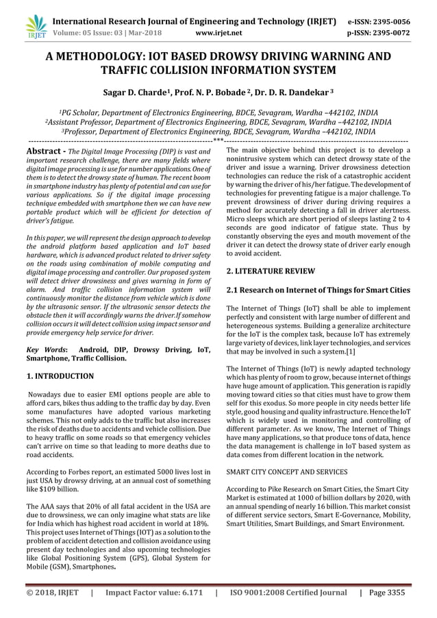IRJET- A Methodology: Iot Based Drowsy Driving Warning and Traffic ...