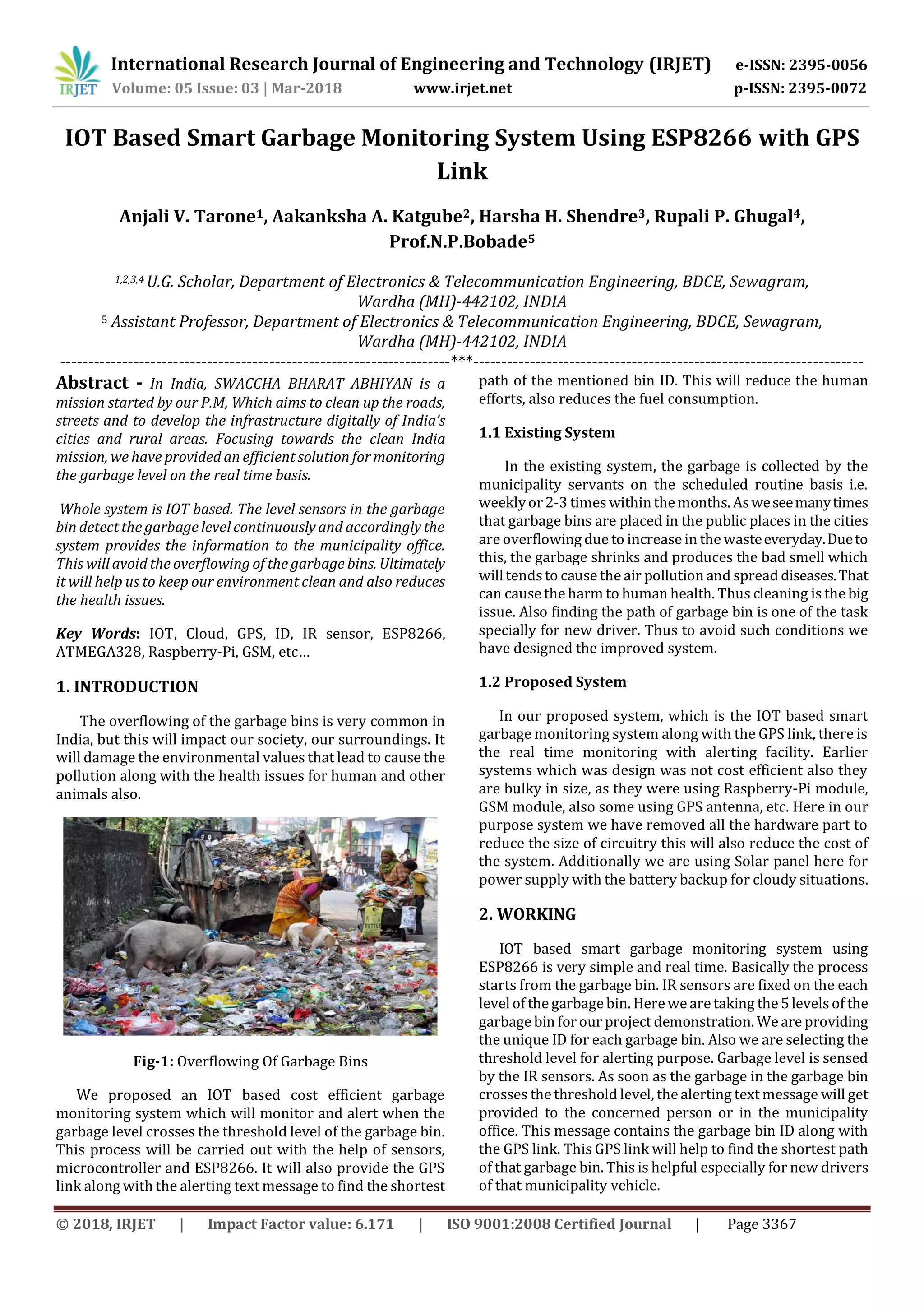 IRJET- IOT Based Smart Garbage Monitoring System using ESP8266 with GPS ...
