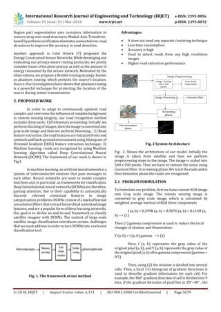 International Research Journal of Engineering and Technology (IRJET) e-ISSN: 2395-0056
Volume: 05 Issue: 03 | Mar-2018 www.irjet.net p-ISSN: 2395-0072
© 2018, IRJET | Impact Factor value: 6.171 | ISO 9001:2008 Certified Journal | Page 3679
Region part segmentation uses curvature information to
remove stray non-road structures. Medial-Axis-Transform-
based hypothesis verificationeliminatesconnectednon-road
structures to improve the accuracy in road detection.
Another approach is Celal Ozturk [7] proposed the
Energy Constrained Sensor Networks. Whiledevelopingand
evaluating our privacy-aware routing protocols; we jointly
consider issues of location-privacy as well as the amount of
energy consumed by the sensor network. Motivated by the
observations, we propose a flexible routing strategy, known
as phantom routing, which protects the source’s location.
Source. Our investigations haveshownthatphantomrouting
is a powerful technique for protecting the location of the
source during sensor transmissions
2. PROPOSED WORK
In order to adapt to continuously updated road
samples and overcome the influence of complexbackground
in remote sensing imagery, our road recognition method
includes three parts: 1) Preliminary processing: Initially,we
perform blocking of images, then the image isconvertedinto
gray scale image and then we perform Denoising ; 2) Road
feature extraction: the road features are extractedfromroad
network and back-ground environment using Histogram of
Oriented Gradient (HOG) feature extraction technique; 3)
Machine learning: roads are recognized by using Machine
learning algorithm called Deep Convolutional Neural
Network (DCNN). The framework of our work is shown in
Fig.1.
In machine learning, an artificial neuralnetworkisa
system of interconnected neurons that pass messages to
each other. Neural networks are used to model complex
functions and, in particular, asframeworksforclassification.
Deep Convolutional neural networks(DCNNs)are,therefore,
gaining attention, due to their capability to automatically
discover relevant contextual features in image
categorization problems. DCNNsconsist of a stackoflearned
convolution filters that extract hierarchicalcontextualimage
features, and are a popular form of deep learning networks.
Our goal is to devise an end-to-end framework to classify
satellite imagery with DCNNs. The context of large-scale
satellite image classification introduces certain challenges
that we must address in order to turn DCNNsinto a relevant
classification tool.
Fig. 1. The framework of our method
Advantages:
 It does not need any separate clustering technique
 Less time consumption
 Accuracy is high
 Used to detect roads from any high resolution
images
 Higher road extraction performance
Fig. 2 System Architecture
Fig . 2. Shows the architecture of our model. Initially the
image is taken from satellite and then we perform
preprocessing steps to the image. The image is scaled into
500 x 500 pixels. Then we have to remove the noise using
Gaussian filter. In screening phase, We tracktheroadsandin
Discrimination phase the roads are recognized.
2.1 PROBLEM FORMULATION
To formulate our problem, first we have convert RGB image
into Gray scale image. The remote sensing image is
converted to gray scale image, which is calculated by
weighted average method of RGB three components
I (a, b) = 0.299R (a, b) + 0.587G (a, b) + 0.114B (a,
b) --> (1)
Then (1) gamma compression is used to reduce the local
changes of shadow and illumination:
Y (a, b) = I (a, b) gamma --> (2)
Here, I (a, b) represents the gray value of the
original pixel (a, b), and Y (a, b) represents the gray value of
the original pixel (a, b) after gamma compression (gamma =
0.5).
Then, using (2) the window is divided into several
cells. Then, a local 1-D histogram of gradient directions is
used to describe gradient information for each cell. For
example, the 360° gradient direction of cell is divided into 9
bins, if the gradient direction of pixel lies in 20°−40° , the
 