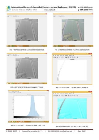 International Research Journal of Engineering and Technology (IRJET) e-ISSN: 2395-0056
Volume: 05 Issue: 03 | Mar-2018 www.irjet.net p-ISSN: 2395-0072
© 2018, IRJET | Impact Factor value: 6.171 | ISO 9001:2008 Certified Journal | Page 3682
FIG-7 REPRESENT THE GAUSSIAN NOISE IMAGE
FIG-8 REPRESENT THE GAUSSIAN FILTERING
FIG-9 REPRESENT THE HISTOGRAM ANALYSIS
FIG-10 REPRESENT THE FEATURE EXTRACTION
FIG-11 REPRESENT THE PROCESSED IMAGE
FIG-12 REPRESENT THE RECOGNIZED ROAD
 