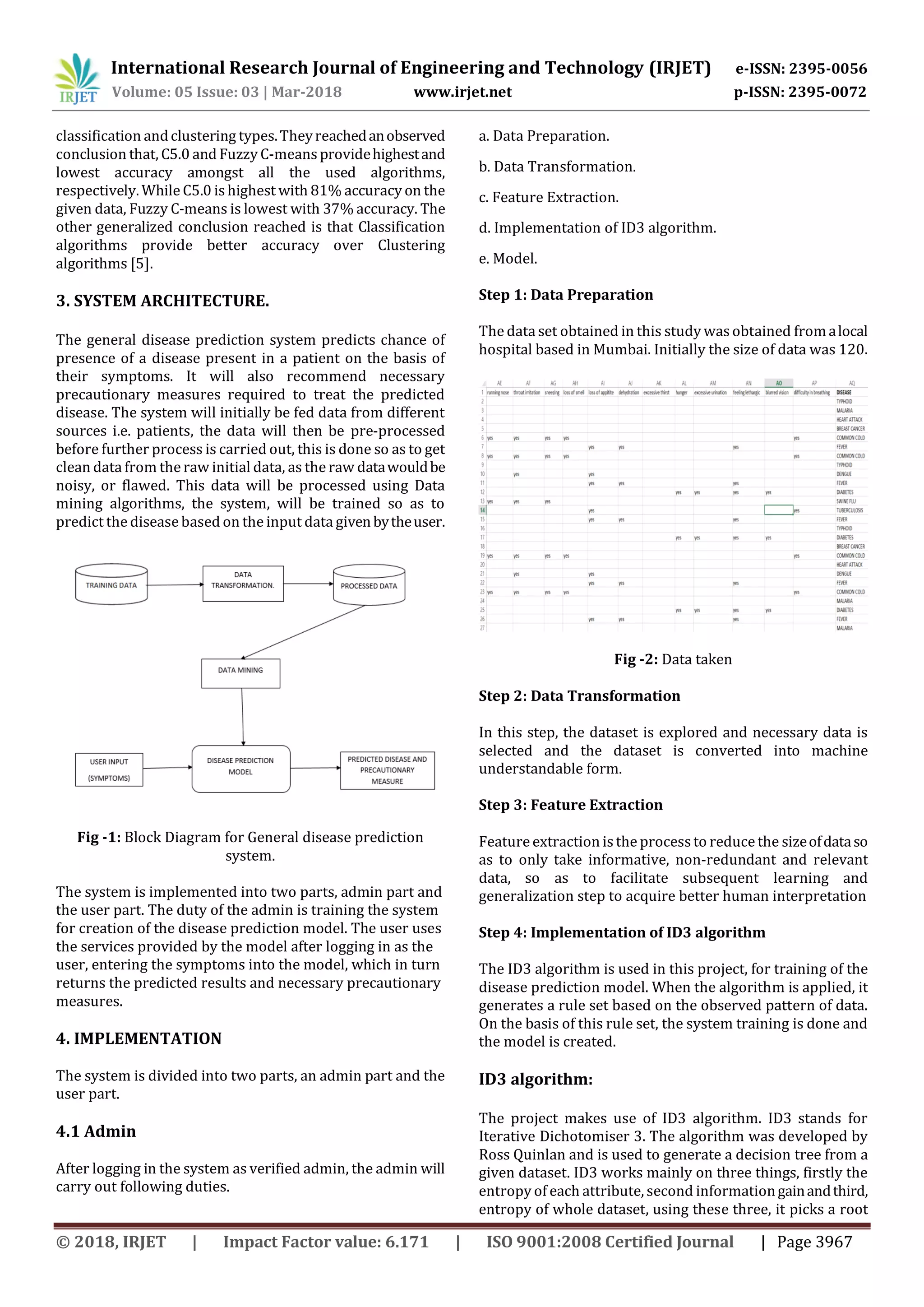 International Research Journal of Engineering and Technology (IRJET) e-ISSN: 2395-0056
Volume: 05 Issue: 03 | Mar-2018 www.irjet.net p-ISSN: 2395-0072
© 2018, IRJET | Impact Factor value: 6.171 | ISO 9001:2008 Certified Journal | Page 3967
classification andclustering types.Theyreachedanobserved
conclusion that, C5.0 and Fuzzy C-means providehighestand
lowest accuracy amongst all the used algorithms,
respectively. While C5.0 is highest with 81% accuracy on the
given data, Fuzzy C-means is lowest with 37% accuracy. The
other generalized conclusion reached is that Classification
algorithms provide better accuracy over Clustering
algorithms [5].
3. SYSTEM ARCHITECTURE.
The general disease prediction system predicts chance of
presence of a disease present in a patient on the basis of
their symptoms. It will also recommend necessary
precautionary measures required to treat the predicted
disease. The system will initially be fed data from different
sources i.e. patients, the data will then be pre-processed
before further process is carried out, this is done so as to get
clean data from the raw initial data, as the raw datawouldbe
noisy, or flawed. This data will be processed using Data
mining algorithms, the system, will be trained so as to
predict the disease based on the input data givenbytheuser.
Fig -1: Block Diagram for General disease prediction
system.
The system is implemented into two parts, admin part and
the user part. The duty of the admin is training the system
for creation of the disease prediction model. The user uses
the services provided by the model after logging in as the
user, entering the symptoms into the model, which in turn
returns the predicted results and necessary precautionary
measures.
4. IMPLEMENTATION
The system is divided into two parts, an admin part and the
user part.
4.1 Admin
After logging in the system as verified admin, the admin will
carry out following duties.
a. Data Preparation.
b. Data Transformation.
c. Feature Extraction.
d. Implementation of ID3 algorithm.
e. Model.
Step 1: Data Preparation
The data set obtained in this study wasobtained fromalocal
hospital based in Mumbai. Initially the size of data was 120.
Fig -2: Data taken
Step 2: Data Transformation
In this step, the dataset is explored and necessary data is
selected and the dataset is converted into machine
understandable form.
Step 3: Feature Extraction
Feature extraction is the processto reduce the sizeofdataso
as to only take informative, non-redundant and relevant
data, so as to facilitate subsequent learning and
generalization step to acquire better human interpretation
Step 4: Implementation of ID3 algorithm
The ID3 algorithm is used in this project, for training of the
disease prediction model. When the algorithm is applied, it
generates a rule set based on the observed pattern of data.
On the basis of this rule set, the system training is done and
the model is created.
ID3 algorithm:
The project makes use of ID3 algorithm. ID3 stands for
Iterative Dichotomiser 3. The algorithm was developed by
Ross Quinlan and is used to generate a decision tree from a
given dataset. ID3 works mainly on three things, firstly the
entropy of each attribute, second informationgainandthird,
entropy of whole dataset, using these three, it picks a root
 