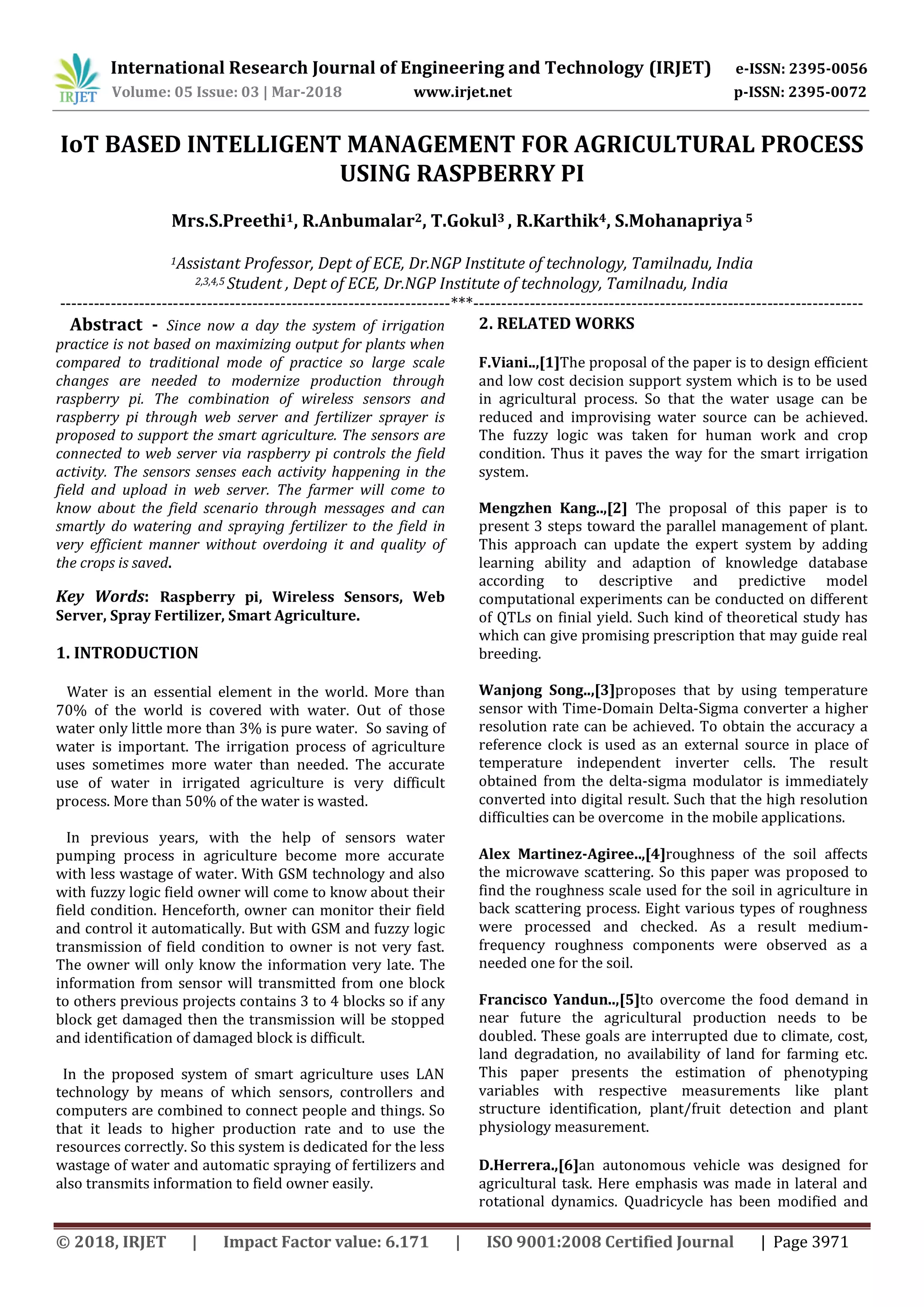 IRJET- Iot Based Intelligent Management for Agricultural Process using ...