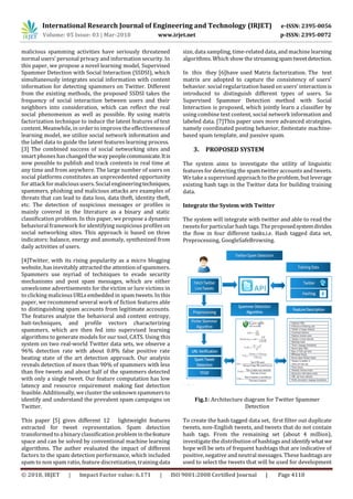 International Research Journal of Engineering and Technology (IRJET) e-ISSN: 2395-0056
Volume: 05 Issue: 03 | Mar-2018 www.irjet.net p-ISSN: 2395-0072
© 2018, IRJET | Impact Factor value: 6.171 | ISO 9001:2008 Certified Journal | Page 4110
malicious spamming activities have seriously threatened
normal users’ personal privacy and information security. In
this paper, we propose a novel learning model, Supervised
Spammer Detection with Social Interaction (SSDSI), which
simultaneously integrates social information with content
information for detecting spammers on Twitter. Different
from the existing methods, the proposed SSDSI takes the
frequency of social interaction between users and their
neighbors into consideration, which can reflect the real
social phenomenon as well as possible. By using matrix
factorization technique to induce the latent features of text
content. Meanwhile, in order to improve the effectivenessof
learning model, we utilize social network information and
the label data to guide the latent features learning process.
[3] The combined success of social networking sites and
smart phones has changed the way peoplecommunicate.Itis
now possible to publish and track contents in real time at
any time and from anywhere. The large number of users on
social platforms constitutes an unprecedented opportunity
for attack for malicioususers. Social engineeringtechniques,
spammers, phishing and malicious attacks are examples of
threats that can lead to data loss, data theft, identity theft,
etc. The detection of suspicious messages or proﬁles is
mainly covered in the literature as a binary and static
classiﬁcation problem. In this paper, we propose a dynamic
behavioral framework for identifying suspicious proﬁles on
social networking sites. This approach is based on three
indicators: balance, energy and anomaly, synthesized from
daily activities of users.
[4]Twitter, with its rising popularity as a micro blogging
website, has inevitably attracted the attention of spammers.
Spammers use myriad of techniques to evade security
mechanisms and post spam messages, which are either
unwelcome advertisements for the victim or lure victims in
to clicking malicious URLs embedded in spam tweets. In this
paper, we recommend several work of fiction features able
to distinguishing spam accounts from legitimate accounts.
The features analyze the behavioral and content entropy,
bait-techniques, and proﬁle vectors characterizing
spammers, which are then fed into supervised learning
algorithms to generate models for our tool, CATS. Using this
system on two real-world Twitter data sets, we observe a
96% detection rate with about 0.8% false positive rate
beating state of the art detection approach. Our analysis
reveals detection of more than 90% of spammers with less
than ﬁve tweets and about half of the spammers detected
with only a single tweet. Our feature computation has low
latency and resource requirement making fast detection
feasible. Additionally, we cluster the unknown spammersto
identify and understand the prevalent spam campaigns on
Twitter.
This paper [5] gives different 12 lightweight features
extracted for tweet representation. Spam detection
transformed to a binary classification problem in thefeature
space and can be solved by conventional machine learning
algorithms. The auther evaluated the impact of different
factors to the spam detection performance, which included
spam to non spam ratio, feature discretization, training data
size, data sampling, time-related data, and machine learning
algorithms. Which show the streamingspamtweetdetection.
In this they [6]have used Matrix factorization. The text
matrix are adopted to capture the consistency of users’
behavior. social regularization based on users’ interactionis
introduced to distinguish different types of users. So
Supervised Spammer Detection method with Social
Interaction is proposed, which jointly learn a classifier by
using combine text content, social network information and
labeled data. [7]This paper uses more advanced strategies,
namely coordinated posting behavior, finitestate machine-
based spam template, and passive spam.
3. PROPOSED SYSTEM
The system aims to investigate the utility of linguistic
featuresfor detecting the spam twitter accounts and tweets.
We take a supervised approach to the problem, but leverage
existing hash tags in the Twitter data for building training
data.
Integrate the System with Twitter
The system will integrate with twitter and able to read the
tweets for particular hash tags. The proposedsystemdivides
the flow in four different tasks.i.e. Hash tagged data set,
Preprocessing, GoogleSafeBrowsing.
Fig.1: Architecture diagram for Twitter Spammer
Detection
To create the hash tagged data set, first filter out duplicate
tweets, non-English tweets, and tweets that do not contain
hash tags. From the remaining set (about 4 million),
investigate the distribution of hashtagsand identifywhatwe
hope will be sets of frequent hashtags that are indicative of
positive, negative and neutral messages. These hashtags are
used to select the tweets that will be used for development
 