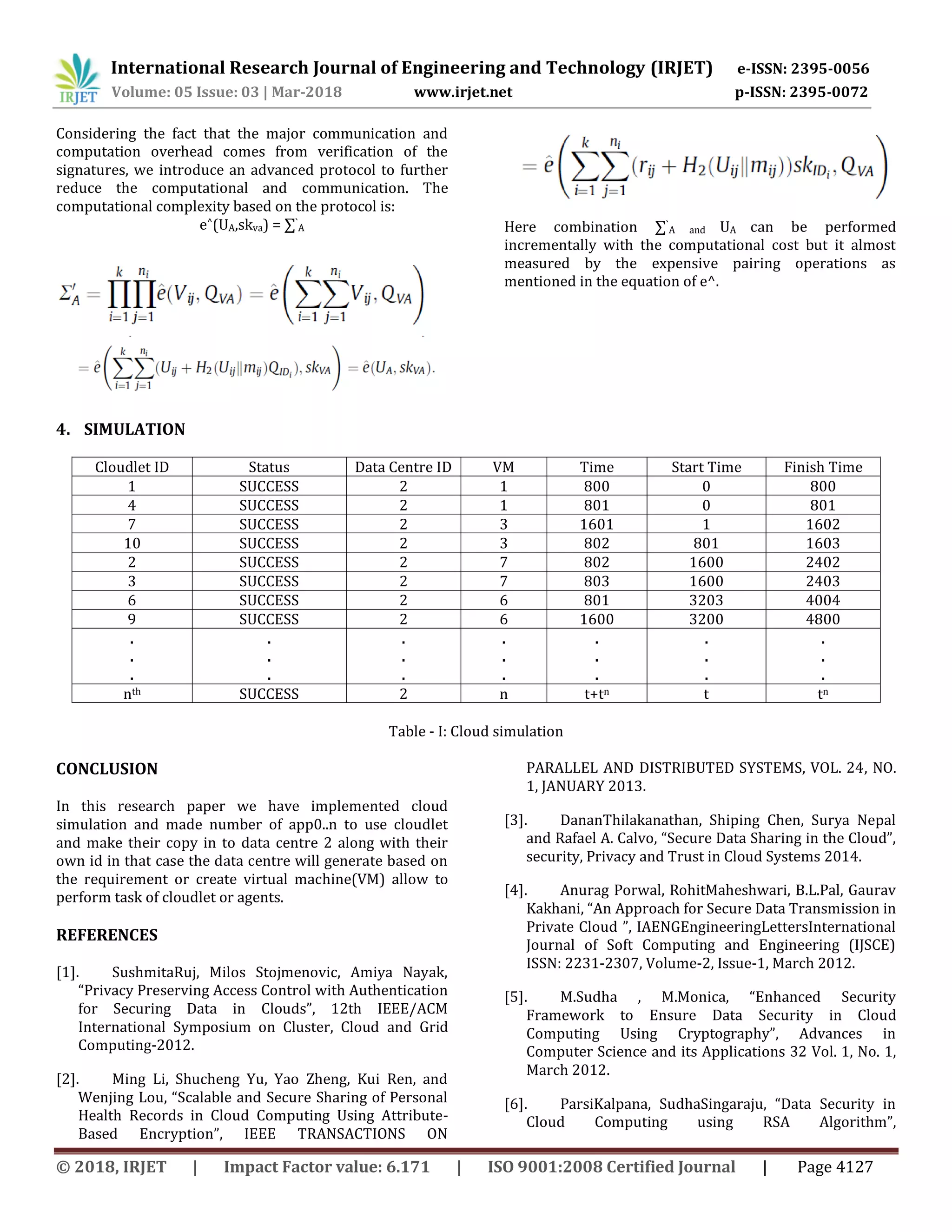 International Research Journal of Engineering and Technology (IRJET) e-ISSN: 2395-0056
Volume: 05 Issue: 03 | Mar-2018 www.irjet.net p-ISSN: 2395-0072
© 2018, IRJET | Impact Factor value: 6.171 | ISO 9001:2008 Certified Journal | Page 4127
Considering the fact that the major communication and
computation overhead comes from verification of the
signatures, we introduce an advanced protocol to further
reduce the computational and communication. The
computational complexity based on the protocol is:
e^(UA,skva) = ∑`
A Here combination ∑`
A and UA can be performed
incrementally with the computational cost but it almost
measured by the expensive pairing operations as
mentioned in the equation of e^.
4. SIMULATION
Cloudlet ID Status Data Centre ID VM Time Start Time Finish Time
1 SUCCESS 2 1 800 0 800
4 SUCCESS 2 1 801 0 801
7 SUCCESS 2 3 1601 1 1602
10 SUCCESS 2 3 802 801 1603
2 SUCCESS 2 7 802 1600 2402
3 SUCCESS 2 7 803 1600 2403
6 SUCCESS 2 6 801 3203 4004
9 SUCCESS 2 6 1600 3200 4800
.
.
.
.
.
.
.
.
.
.
.
.
.
.
.
.
.
.
.
.
.
nth SUCCESS 2 n t+tn t tn
Table - I: Cloud simulation
CONCLUSION
In this research paper we have implemented cloud
simulation and made number of app0..n to use cloudlet
and make their copy in to data centre 2 along with their
own id in that case the data centre will generate based on
the requirement or create virtual machine(VM) allow to
perform task of cloudlet or agents.
REFERENCES
[1]. SushmitaRuj, Milos Stojmenovic, Amiya Nayak,
“Privacy Preserving Access Control with Authentication
for Securing Data in Clouds”, 12th IEEE/ACM
International Symposium on Cluster, Cloud and Grid
Computing-2012.
[2]. Ming Li, Shucheng Yu, Yao Zheng, Kui Ren, and
Wenjing Lou, “Scalable and Secure Sharing of Personal
Health Records in Cloud Computing Using Attribute-
Based Encryption”, IEEE TRANSACTIONS ON
PARALLEL AND DISTRIBUTED SYSTEMS, VOL. 24, NO.
1, JANUARY 2013.
[3]. DananThilakanathan, Shiping Chen, Surya Nepal
and Rafael A. Calvo, “Secure Data Sharing in the Cloud”,
security, Privacy and Trust in Cloud Systems 2014.
[4]. Anurag Porwal, RohitMaheshwari, B.L.Pal, Gaurav
Kakhani, “An Approach for Secure Data Transmission in
Private Cloud ”, IAENGEngineeringLettersInternational
Journal of Soft Computing and Engineering (IJSCE)
ISSN: 2231-2307, Volume-2, Issue-1, March 2012.
[5]. M.Sudha , M.Monica, “Enhanced Security
Framework to Ensure Data Security in Cloud
Computing Using Cryptography”, Advances in
Computer Science and its Applications 32 Vol. 1, No. 1,
March 2012.
[6]. ParsiKalpana, SudhaSingaraju, “Data Security in
Cloud Computing using RSA Algorithm”,
 
