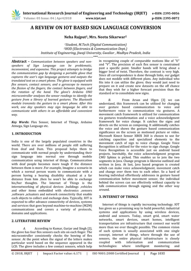 IRJET- A Review on Iot Based Sign Language Conversion | PDF | Wearable ...
