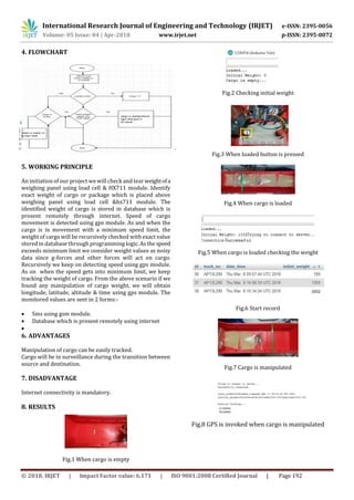 International Research Journal of Engineering and Technology (IRJET) e-ISSN: 2395-0056
Volume: 05 Issue: 04 | Apr-2018 www.irjet.net p-ISSN: 2395-0072
© 2018, IRJET | Impact Factor value: 6.171 | ISO 9001:2008 Certified Journal | Page 192
4. FLOWCHART
5. WORKING PRINCIPLE
An initiation of our project we will check and tearweightofa
weighing panel using load cell & HX711 module. Identify
exact weight of cargo or package which is placed above
weighing panel using load cell &hx711 module. The
identified weight of cargo is stored in database which is
present remotely through internet. Speed of cargo
movement is detected using gps module. As and when the
cargo is in movement with a minimum speed limit, the
weight of cargo will be recursively checked withexact value
stored in database through programming logic.Asthe speed
exceeds minimum limit we consider weight values as noisy
data since g-forces and other forces will act on cargo.
Recursively we keep on detecting speed using gps module.
As on when the speed gets into minimum limit, we keep
tracking the weight of cargo. From the above scenario if we
found any manipulation of cargo weight, we will obtain
longitude, latitude, altitude & time using gps module. The
monitored values are sent in 2 forms:-
 Sms using gsm module.
 Database which is present remotely using internet

6. ADVANTAGES
Manipulation of cargo can be easily tracked.
Cargo will be in surveillance during the transition between
source and destination.
7. DISADVANTAGE
Internet connectivity is mandatory.
8. RESULTS
Fig.1 When cargo is empty
Fig.2 Checking initial weight
Fig.3 When loaded button is pressed
Fig.4 When cargo is loaded
Fig.5 When cargo is loaded checking the weight
Fig.6 Start record
Fig.7 Cargo is manipulated
Fig.8 GPS is invoked when cargo is manipulated
 