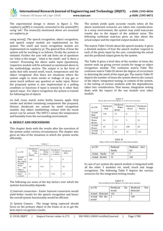 International Research Journal of Engineering and Technology (IRJET) e-ISSN: 2395-0056
Volume: 05 Issue: 04 | Apr-2018 www.irjet.net p-ISSN: 2395-0072
© 2018, IRJET | Impact Factor value: 6.171 | ISO 9001:2008 Certified Journal | Page 1780
The experimental design is shown in figure 2. The
raspberry pi(RP) is remotely connected to the system(PC)
using ’ssh’. The sensor(S) mentioned above are mounted
on raspberry pi
using wires[]. The speech recognition, object recognition,
and speech output module are implemented on the
system. The smell and touch recognition module are
implemented on raspberry pi. The general flow of how the
system will be working is as follows. Firstly the system is
initiated. Further the user will ask finite set of questions
viz ’what is the image’ , ’what is the smell’, and ’is there a
contact’. Processing the above audio input (questions),
respective module will be activated as mentioned above in
the methodology section. The output is in the form of
audio that tells sensed smell, touch, temperature and the
object recognized. Also there are situations where the
system ought to sense smoke or leakage of any gas or
sense touch without any question or audio input. Hence
the proposed system is also implemented in a polling
condition i.e functions if input is sensed by it other than
speech input. For object recognition the system is trained
for following list of objects
viz ball, roses, watch, water bottle, banana, apple. Only
smoke and alcohol containing components like propanol,
thinner, deodorant are sensed by smell recognition
module. Any object establishing contact with the touch
sensor can be sensed. The DHT11 senses the temperature
and humidity from the surrounding environment.
6. RESULT AND DISCUSSIONS
This chapter deals with the results after the execution of
the system under various circumstances. The chapter also
gives an idea of the situations in which the system works
efficiently.
The following are some of the key factors over which the
systems functionality depends.
1) Internet connection : Faster Internet connection would
yield better results for the speech recognition and hence
the overall system functionality would be efficient.
2) System Camera : The image being captured should
focus on the primary object in the frame so as to get the
best object recognition results.
The system yields quite accurate results when all the
above mentioned scenarios are taken into consideration.
In a noisy environment, the system may yield inaccurate
results due to the impact of the ambient noise. The
following confusion matrices gives an idea about the
actual output and the expected output module wise.
The matrix Table I briefs about the speech module. It gives
a detailed analysis of how the speech module respond to
each of the given input by the user, considering the actual
and the predicted output given by the system.
The Table II gives a brief idea of the number of times the
system ends up giving correct results for image or object
recognition module .The confusion matrix Table The
confusion matrix Table III shows the degree of correctness
in detecting the smell of the input gas. The matrix Table IV
depicts the number of times the system detects the contact
of the object. Integration testing, in context of the system,
is the testing of various modules with the dependencies
taken into consideration. That means, integration testing
deals with the impact of the one module over other
module.
In case of our system the speech module is integrated with
all the other 3 modules viz. smell, touch and image
recognition. The following Table V depicts the various
scenarios for the integration testing results.
 