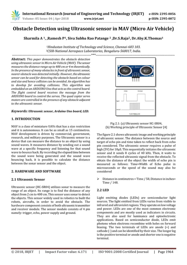 IRJET- Obstacle Detection using Ultrasonic Sensor in MAV (Micro Air ...