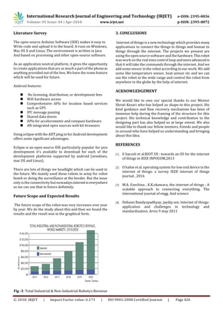 International Research Journal of Engineering and Technology (IRJET) e-ISSN: 2395-0056
Volume: 05 Issue: 04 | Apr-2018 www.irjet.net p-ISSN: 2395-0072
© 2018, IRJET | Impact Factor value: 6.171 | ISO 9001:2008 Certified Journal | Page 426
Literature Survey
The open-source Arduino Software (IDE) makes it easy to
Write code and upload it to the board. It runs on Windows,
Mac OS X and Linux. The environment is written in Java
And based on processing and other open-source software.
As an application neutral platform, it gives the opportunity
to create applications that are as much a part of the phoneas
anything provided out of the box. We have the some feature
which will be used for future.
Android features:
 No licensing, distribution, or development fees
 Wifi hardware access
 Comprehensive APIs for location based services
such as GPS
 IPC message passing
 Shared data stores
 APIs for accelerometer and compass hardware
 AN integrated open sources web kit browsers
Using eclipse with the ADT plug in for Android development
offers some significant advantages.
Eclipse is an open source IDE particularly popular for java
development it’s available to download for each of the
development platforms supported by android (windows,
mac OS and Linux).
There are lots of things we headlight which can be used in
the future. We mainly used these robots in army for robot
bomb or doing the surveillance at the border. But the issue
only is the connectivity but nowadaysinternetiseverywhere
so we can use that in future definitely.
Future Scope and Expected Results
The future scope of the robot was very increases over year
by year. We do the study about this and then we found the
results and the result was in the graphical form.
Fig -3: Total Industrial & Non-Industrial Robotics Revenue
3. CONCLUSIONS
Internet of thingsis a new technology which provides many
applications to connect the things to things and human to
things through the internet. The projects we present are
using the open source software and thehardware.Thisrobot
waswork on the real time control loop andmoreadvancedis
that it will take the commands through the internet. And we
add some sensor in the robot according to our work. We add
some like temperature sensor, heat sensor etc and we can
use the robot in the wide range and control the robot from
anywhere in the globe by the help of internet.
ACKNOWLEDGEMENT
We would like to owe our special thanks to our Mentor
Shruti Kesari who has helped us shape-in this project. His
kind guidance and flaw recovery mechanism has been of
immense help during the framing of the structure for this
project. His technical knowledge and contribution to the
designing part has also helped us at large extent. We also
would like to thank our fellow mentors, friends and people
in-around who have helped us understanding and bringing
about this Idea.
REFERENCES
[1] E bacceli et al.RIOT OS : towards an OS for the internet
of things in IEEE INFOCOM,2013
[2] O hahm et al. operating system for low end device in the
internet of things: a survey IEEE internet of things
journal , 2016
[3] M.A. Ezechina , K.K.okawara, the internet of things : A
scalable approach to connecting everything. The
international journal of engg. And science
[4] Debasis Bandyopadhyay, jaydip sen. Internet of things-
application and challenges in technology and
standardization. Arvix 9 may 2011
 