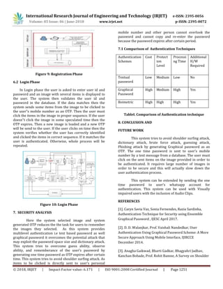 International Research Journal of Engineering and Technology (IRJET) e-ISSN: 2395-0056
Volume: 05 Issue: 06 | June-2018 www.irjet.net p-ISSN: 2395-0072
© 2018, IRJET | Impact Factor value: 6.171 | ISO 9001:2008 Certified Journal | Page 1251
Figure 9: Registration Phase
6.2 Login Phase
In Login phase the user is asked to enter user id and
password and an image with several items is displayed to
the user. The system then validates the user id and
password in the database. If the data matches then the
system sends some items from the image to be clicked to
the user‟s mobile number as an OTP. Then the user must
click the items in the image in proper sequence. If the user
doesn‟t click the image in some speculated time then the
OTP expires. Then a new image is loaded and a new OTP
will be send to the user. If the user clicks on time then the
system verifies whether the user has correctly identified
and clicked the items in correct sequence. If it matches the
user is authenticated. Otherwise, whole process will be
repeated.
Figure 10: Login Phase
7. SECURITY ANALYSIS
Here the system selected image and system
generated OTP reduces the the task for users to remember
the images they selected. As this system provides
multilevel authentication i.e text based password as well
graphical password it overcomes the potential attack that
may exploit the password space size and dictionary attack.
This system tries to overcome guess ability, observe
ability, and rememberance of the user’s password by
generating one time password as OTP expires after certain
time. This system tries to avoid shoulder surfing attack. As
items to be clicked is directly sent to user’s personal
mobile number and other person cannot overlook the
password and cannot copy and re-enter the password
because the password expires after certain period.
7.1 Comparison of Authentication Techniques
Authentication
Schemes
Cost Protect
ion
Level
Processi
ng Time
Additional
H/W
Required
Textual
password
Low Medium Low No
Graphical
Password
High Medium High Yes
Boimetric High High High Yes
TableI. Comparison of Authentication technique
8. CONCLUSION AND
FUTURE WORK
This system tries to avoid shoulder surfing attack,
dictionary attack, brute force attack, guessing attack,
Phishing attack by generating Graphical password as an
OTP. The one time password is sent to user’s mobile
number by a text message from a database. The user must
click on the sent items on the image provided in order to
be authenticated. It requires large number of images in
order to be secure and this will actually slow down the
user authentication process.
This system can be extended by sending the one
time password to user’s whatsapp account for
authentication. This system can be used with Visually
impaired users with the inclusion of Audio Clips.
REFERENCES
[1]. Caryn Savia Vaz, Sonia Fernendes, Razia Sardinha,
Authentication Technique for Security using Ensemble
Graphical Password , IJESC April 2017.
[2]. D. D. Walanjkar, Prof. Vaishali Nandedkar, User
Authentication Using Graphical Password Scheme: A More
Secure Approach Using Mobile Interface, IJIRCCE
December 2014.
[3]. Anagha Gaikwad, Bharti Gadkar, Bhagyahri Jadhav,
Kanchan Bobade, Prof. Rohit Bamne, A Survey on Shoulder
 