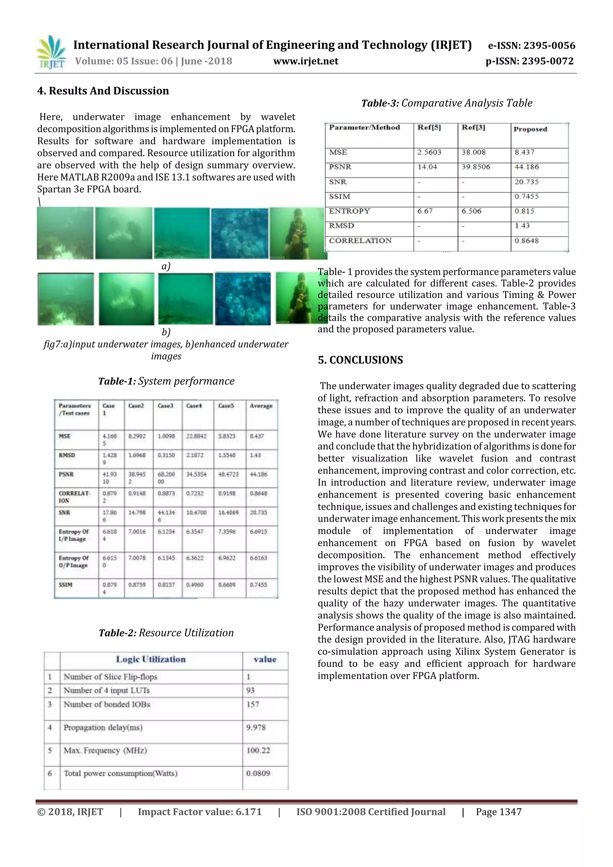International Research Journal of Engineering and Technology (IRJET) e-ISSN: 2395-0056
Volume: 05 Issue: 06 | June -2018 www.irjet.net p-ISSN: 2395-0072
© 2018, IRJET | Impact Factor value: 6.171 | ISO 9001:2008 Certified Journal | Page 1347
4. Results And Discussion
Here, underwater image enhancement by wavelet
decompositionalgorithmsis implementedonFPGAplatform.
Results for software and hardware implementation is
observed and compared. Resource utilization for algorithm
are observed with the help of design summary overview.
Here MATLAB R2009a and ISE 13.1 softwares are used with
Spartan 3e FPGA board.

a)
b)
fig7:a)input underwater images, b)enhanced underwater
images
Table-1: System performance
Table-2: Resource Utilization
Table-3: Comparative Analysis Table
Table- 1 provides the system performance parameters value
which are calculated for different cases. Table-2 provides
detailed resource utilization and various Timing & Power
parameters for underwater image enhancement. Table-3
details the comparative analysis with the reference values
and the proposed parameters value.
5. CONCLUSIONS
The underwater images quality degraded due to scattering
of light, refraction and absorption parameters. To resolve
these issues and to improve the quality of an underwater
image, a number of techniques are proposed in recentyears.
We have done literature survey on the underwater image
and conclude that the hybridization of algorithms isdonefor
better visualization like wavelet fusion and contrast
enhancement, improving contrast and color correction, etc.
In introduction and literature review, underwater image
enhancement is presented covering basic enhancement
technique, issues and challenges and existing techniques for
underwater image enhancement.Thiswork presentsthe mix
module of implementation of underwater image
enhancement on FPGA based on fusion by wavelet
decomposition. The enhancement method effectively
improves the visibility of underwater images and produces
the lowest MSE and the highest PSNR values. The qualitative
results depict that the proposed method has enhanced the
quality of the hazy underwater images. The quantitative
analysis shows the quality of the image is also maintained.
Performance analysis of proposed method iscompared with
the design provided in the literature. Also, JTAG hardware
co-simulation approach using Xilinx System Generator is
found to be easy and efficient approach for hardware
implementation over FPGA platform.
 