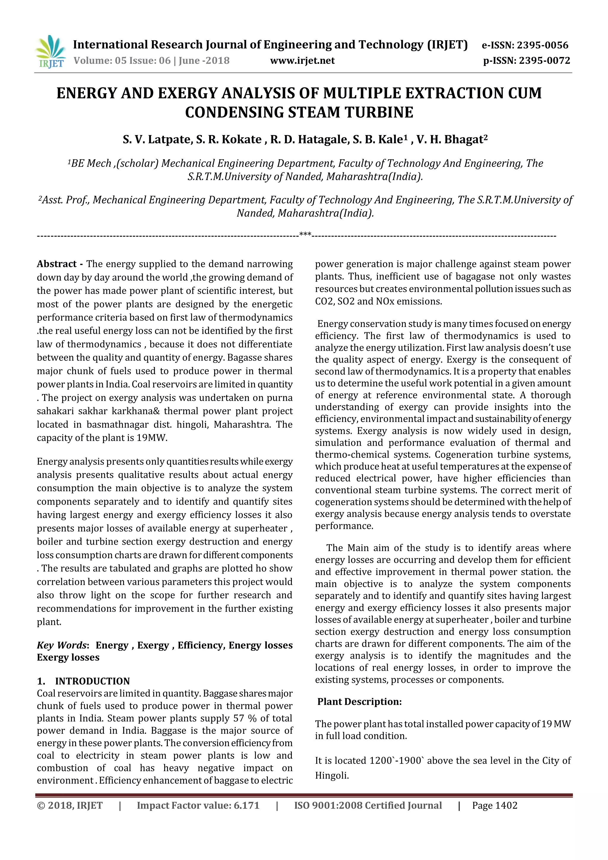 IRJET- Energy and Exergy Analysis of Multiple Extraction Cum Condensing ...