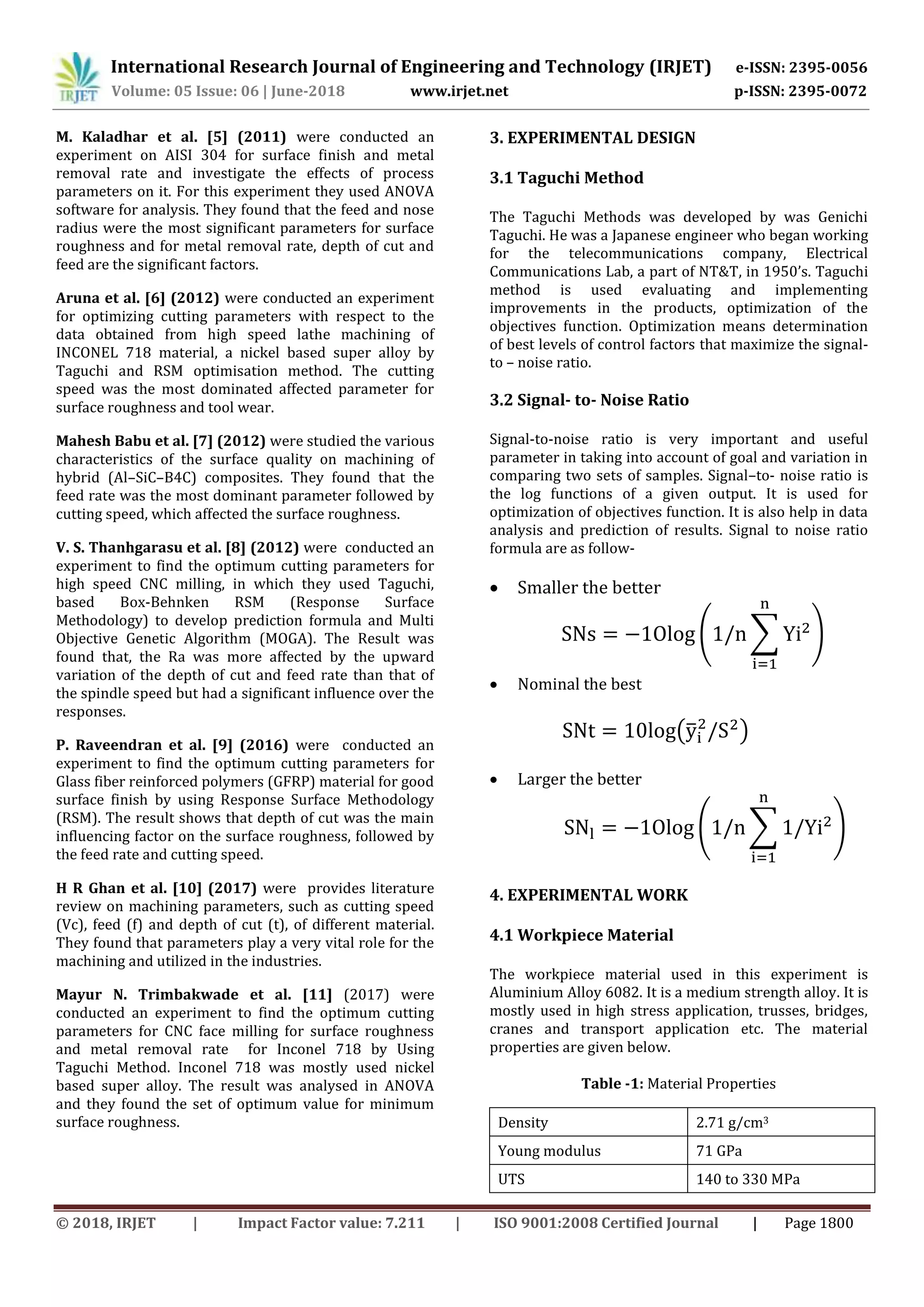International Research Journal of Engineering and Technology (IRJET) e-ISSN: 2395-0056
Volume: 05 Issue: 06 | June-2018 www.irjet.net p-ISSN: 2395-0072
© 2018, IRJET | Impact Factor value: 7.211 | ISO 9001:2008 Certified Journal | Page 1800
M. Kaladhar et al. [5] (2011) were conducted an
experiment on AISI 304 for surface finish and metal
removal rate and investigate the effects of process
parameters on it. For this experiment they used ANOVA
software for analysis. They found that the feed and nose
radius were the most significant parameters for surface
roughness and for metal removal rate, depth of cut and
feed are the significant factors.
Aruna et al. [6] (2012) were conducted an experiment
for optimizing cutting parameters with respect to the
data obtained from high speed lathe machining of
INCONEL 718 material, a nickel based super alloy by
Taguchi and RSM optimisation method. The cutting
speed was the most dominated affected parameter for
surface roughness and tool wear.
Mahesh Babu et al. [7] (2012) were studied the various
characteristics of the surface quality on machining of
hybrid (Al–SiC–B4C) composites. They found that the
feed rate was the most dominant parameter followed by
cutting speed, which affected the surface roughness.
V. S. Thanhgarasu et al. [8] (2012) were conducted an
experiment to find the optimum cutting parameters for
high speed CNC milling, in which they used Taguchi,
based Box-Behnken RSM (Response Surface
Methodology) to develop prediction formula and Multi
Objective Genetic Algorithm (MOGA). The Result was
found that, the Ra was more affected by the upward
variation of the depth of cut and feed rate than that of
the spindle speed but had a significant influence over the
responses.
P. Raveendran et al. [9] (2016) were conducted an
experiment to find the optimum cutting parameters for
Glass fiber reinforced polymers (GFRP) material for good
surface finish by using Response Surface Methodology
(RSM). The result shows that depth of cut was the main
influencing factor on the surface roughness, followed by
the feed rate and cutting speed.
H R Ghan et al. [10] (2017) were provides literature
review on machining parameters, such as cutting speed
(Vc), feed (f) and depth of cut (t), of different material.
They found that parameters play a very vital role for the
machining and utilized in the industries.
Mayur N. Trimbakwade et al. [11] (2017) were
conducted an experiment to find the optimum cutting
parameters for CNC face milling for surface roughness
and metal removal rate for Inconel 718 by Using
Taguchi Method. Inconel 718 was mostly used nickel
based super alloy. The result was analysed in ANOVA
and they found the set of optimum value for minimum
surface roughness.
3. EXPERIMENTAL DESIGN
3.1 Taguchi Method
The Taguchi Methods was developed by was Genichi
Taguchi. He was a Japanese engineer who began working
for the telecommunications company, Electrical
Communications Lab, a part of NT&T, in 1950’s. Taguchi
method is used evaluating and implementing
improvements in the products, optimization of the
objectives function. Optimization means determination
of best levels of control factors that maximize the signal-
to – noise ratio.
3.2 Signal- to- Noise Ratio
Signal-to-noise ratio is very important and useful
parameter in taking into account of goal and variation in
comparing two sets of samples. Signal–to- noise ratio is
the log functions of a given output. It is used for
optimization of objectives function. It is also help in data
analysis and prediction of results. Signal to noise ratio
formula are as follow-
 Smaller the better
( ∑ )
 Nominal the best
(̅ )
 Larger the better
( ∑ )
4. EXPERIMENTAL WORK
4.1 Workpiece Material
The workpiece material used in this experiment is
Aluminium Alloy 6082. It is a medium strength alloy. It is
mostly used in high stress application, trusses, bridges,
cranes and transport application etc. The material
properties are given below.
Table -1: Material Properties
Density 2.71 g/cm3
Young modulus 71 GPa
UTS 140 to 330 MPa
 