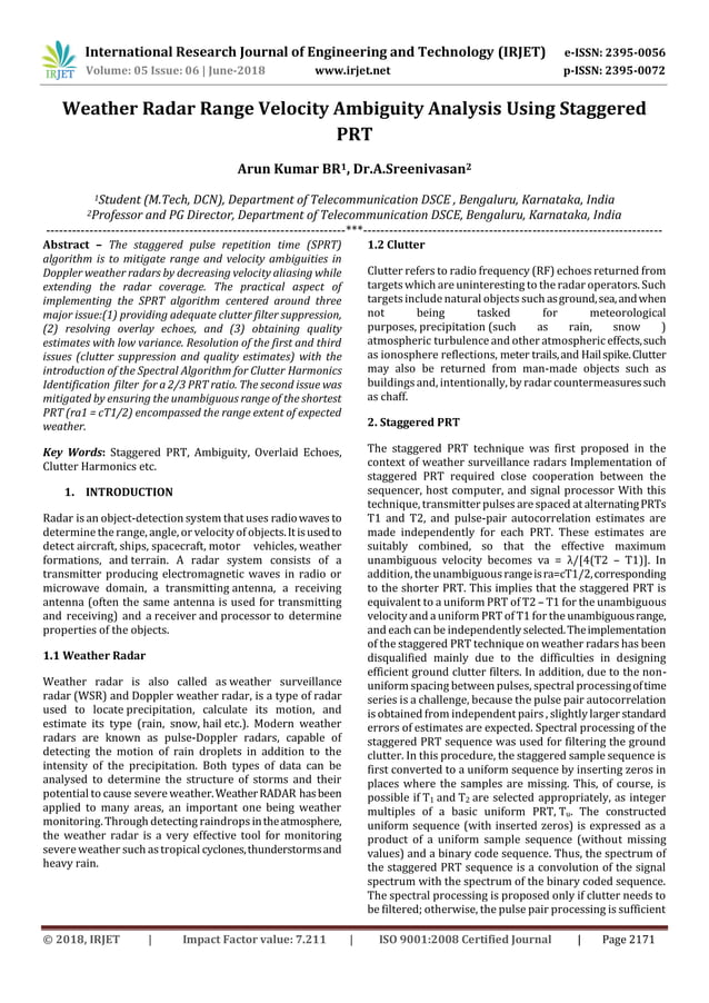 IRJETWeather Radar Range Velocity Ambiguity Analysis using Staggered