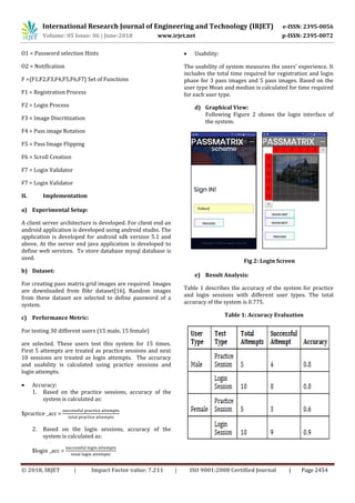 International Research Journal of Engineering and Technology (IRJET) e-ISSN: 2395-0056
Volume: 05 Issue: 06 | June-2018 www.irjet.net p-ISSN: 2395-0072
© 2018, IRJET | Impact Factor value: 7.211 | ISO 9001:2008 Certified Journal | Page 2454
O1 = Password selection Hints
O2 = Notification
F ={F1,F2,F3,F4,F5,F6,F7} Set of Functions
F1 = Registration Process
F2 = Login Process
F3 = Image Discritization
F4 = Pass image Rotation
F5 = Pass Image Flipping
F6 = Scroll Creation
F7 = Login Validator
F7 = Login Validator
II. Implementation
a) Experimental Setup:
A client server architecture is developed. For client end an
android application is developed using android studio. The
application is developed for android sdk version 5.1 and
above. At the server end java application is developed to
define web services. To store database mysql database is
used.
b) Dataset:
For creating pass matrix grid images are required. Images
are downloaded from flikr dataset[16]. Random images
from these dataset are selected to define password of a
system.
c) Performance Metric:
For testing 30 different users (15 male, 15 female)
are selected. These users test this system for 15 times.
First 5 attempts are treated as practice sessions and next
10 sessions are treated as login attempts. The accuracy
and usability is calculated using practice sessions and
login attempts.
 Accuracy:
1. Based on the practice sessions, accuracy of the
system is calculated as:
$practice _acc =
2. Based on the login sessions, accuracy of the
system is calculated as:
$login _acc =
 Usability:
The usability of system measures the users’ experience. It
includes the total time required for registration and login
phase for 3 pass images and 5 pass images. Based on the
user type Mean and median is calculated for time required
for each user type.
d) Graphical View:
Following Figure 2 shows the login interface of
the system.
Fig 2: Login Screen
e) Result Analysis:
Table 1 describes the accuracy of the system for practice
and login sessions with different user types. The total
accuracy of the system is 0.775.
Table 1: Accuracy Evaluation
 