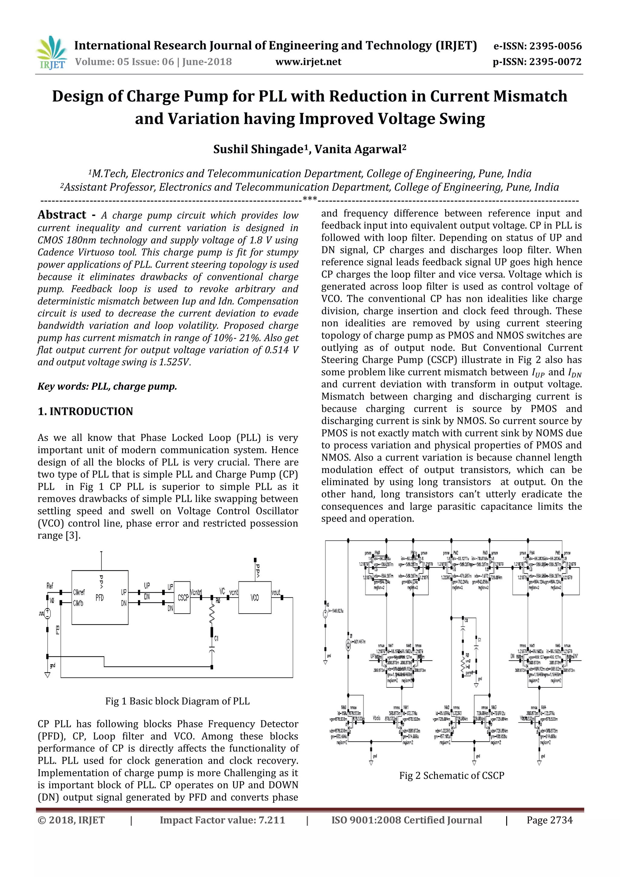 International Research Journal of Engineering and Technology (IRJET) e-ISSN: 2395-0056
Volume: 05 Issue: 06 | June-2018 www.irjet.net p-ISSN: 2395-0072
© 2018, IRJET | Impact Factor value: 7.211 | ISO 9001:2008 Certified Journal | Page 2734
Design of Charge Pump for PLL with Reduction in Current Mismatch
and Variation having Improved Voltage Swing
Sushil Shingade1, Vanita Agarwal2
1M.Tech, Electronics and Telecommunication Department, College of Engineering, Pune, India
2Assistant Professor, Electronics and Telecommunication Department, College of Engineering, Pune, India
---------------------------------------------------------------------***---------------------------------------------------------------------
Abstract - A charge pump circuit which provides low
current inequality and current variation is designed in
CMOS 180nm technology and supply voltage of 1.8 V using
Cadence Virtuoso tool. This charge pump is fit for stumpy
power applications of PLL. Current steering topology is used
because it eliminates drawbacks of conventional charge
pump. Feedback loop is used to revoke arbitrary and
deterministic mismatch between Iup and Idn. Compensation
circuit is used to decrease the current deviation to evade
bandwidth variation and loop volatility. Proposed charge
pump has current mismatch in range of 10%- 21%. Also get
flat output current for output voltage variation of 0.514 V
and output voltage swing is 1.525V.
Key words: PLL, charge pump.
1. INTRODUCTION
As we all know that Phase Locked Loop (PLL) is very
important unit of modern communication system. Hence
design of all the blocks of PLL is very crucial. There are
two type of PLL that is simple PLL and Charge Pump (CP)
PLL in Fig 1 CP PLL is superior to simple PLL as it
removes drawbacks of simple PLL like swapping between
settling speed and swell on Voltage Control Oscillator
(VCO) control line, phase error and restricted possession
range [3].
Fig 1 Basic block Diagram of PLL
CP PLL has following blocks Phase Frequency Detector
(PFD), CP, Loop filter and VCO. Among these blocks
performance of CP is directly affects the functionality of
PLL. PLL used for clock generation and clock recovery.
Implementation of charge pump is more Challenging as it
is important block of PLL. CP operates on UP and DOWN
(DN) output signal generated by PFD and converts phase
and frequency difference between reference input and
feedback input into equivalent output voltage. CP in PLL is
followed with loop filter. Depending on status of UP and
DN signal, CP charges and discharges loop filter. When
reference signal leads feedback signal UP goes high hence
CP charges the loop filter and vice versa. Voltage which is
generated across loop filter is used as control voltage of
VCO. The conventional CP has non idealities like charge
division, charge insertion and clock feed through. These
non idealities are removed by using current steering
topology of charge pump as PMOS and NMOS switches are
outlying as of output node. But Conventional Current
Steering Charge Pump (CSCP) illustrate in Fig 2 also has
some problem like current mismatch between and
and current deviation with transform in output voltage.
Mismatch between charging and discharging current is
because charging current is source by PMOS and
discharging current is sink by NMOS. So current source by
PMOS is not exactly match with current sink by NOMS due
to process variation and physical properties of PMOS and
NMOS. Also a current variation is because channel length
modulation effect of output transistors, which can be
eliminated by using long transistors at output. On the
other hand, long transistors can’t utterly eradicate the
consequences and large parasitic capacitance limits the
speed and operation.
Fig 2 Schematic of CSCP
 