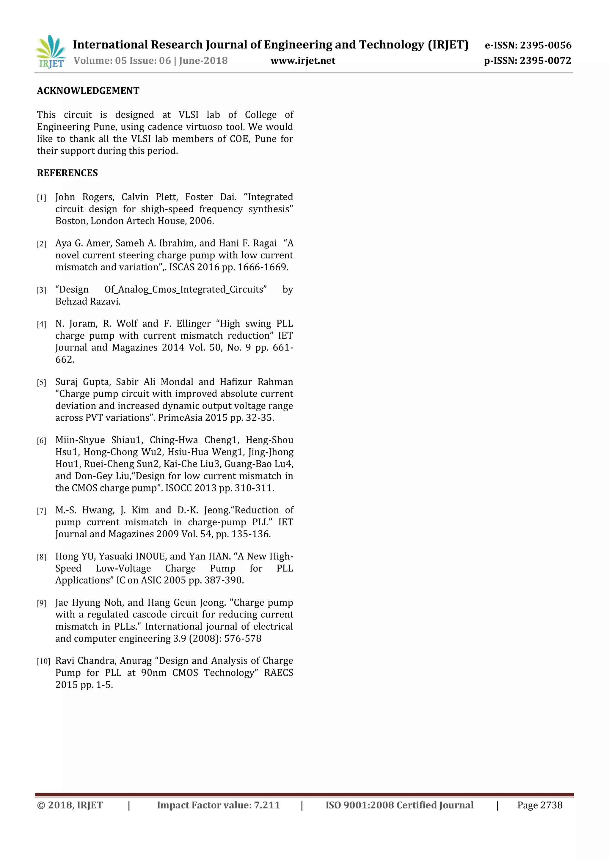 International Research Journal of Engineering and Technology (IRJET) e-ISSN: 2395-0056
Volume: 05 Issue: 06 | June-2018 www.irjet.net p-ISSN: 2395-0072
© 2018, IRJET | Impact Factor value: 7.211 | ISO 9001:2008 Certified Journal | Page 2738
ACKNOWLEDGEMENT
This circuit is designed at VLSI lab of College of
Engineering Pune, using cadence virtuoso tool. We would
like to thank all the VLSI lab members of COE, Pune for
their support during this period.
REFERENCES
[1] John Rogers, Calvin Plett, Foster Dai. “Integrated
circuit design for shigh-speed frequency synthesis”
Boston, London Artech House, 2006.
[2] Aya G. Amer, Sameh A. Ibrahim, and Hani F. Ragai “A
novel current steering charge pump with low current
mismatch and variation”,. ISCAS 2016 pp. 1666-1669.
[3] “Design Of_Analog_Cmos_Integrated_Circuits” by
Behzad Razavi.
[4] N. Joram, R. Wolf and F. Ellinger “High swing PLL
charge pump with current mismatch reduction” IET
Journal and Magazines 2014 Vol. 50, No. 9 pp. 661-
662.
[5] Suraj Gupta, Sabir Ali Mondal and Hafizur Rahman
“Charge pump circuit with improved absolute current
deviation and increased dynamic output voltage range
across PVT variations”. PrimeAsia 2015 pp. 32-35.
[6] Miin-Shyue Shiau1, Ching-Hwa Cheng1, Heng-Shou
Hsu1, Hong-Chong Wu2, Hsiu-Hua Weng1, Jing-Jhong
Hou1, Ruei-Cheng Sun2, Kai-Che Liu3, Guang-Bao Lu4,
and Don-Gey Liu,“Design for low current mismatch in
the CMOS charge pump”. ISOCC 2013 pp. 310-311.
[7] M.-S. Hwang, J. Kim and D.-K. Jeong.“Reduction of
pump current mismatch in charge-pump PLL” IET
Journal and Magazines 2009 Vol. 54, pp. 135-136.
[8] Hong YU, Yasuaki INOUE, and Yan HAN. “A New High-
Speed Low-Voltage Charge Pump for PLL
Applications” IC on ASIC 2005 pp. 387-390.
[9] Jae Hyung Noh, and Hang Geun Jeong. "Charge pump
with a regulated cascode circuit for reducing current
mismatch in PLLs." International journal of electrical
and computer engineering 3.9 (2008): 576-578
[10] Ravi Chandra, Anurag “Design and Analysis of Charge
Pump for PLL at 90nm CMOS Technology” RAECS
2015 pp. 1-5.
 