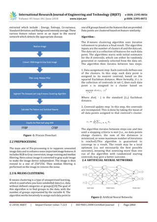 International Research Journal of Engineering and Technology (IRJET) e-ISSN: 2395-0056
Volume: 05 Issue: 06 | June 2018 www.irjet.net p-ISSN: 2395-0072
© 2018, IRJET | Impact Factor value: 7.211 | ISO 9001:2008 Certified Journal | Page 2860
extracted which include : Energy, Entropy, Co-variance,
Standard deviation and Background intensityaverage.These
various feature values serve as an input to the neural
network which detects the appropriate disease.
Figure -1: Process Flowchart
2.2 PREPROCESSING
The main aim of Pre-processing is to suppress unwanted
image data and to enhance some importantimagefeatures.It
includes RGB to Gray conversion, image resizingandmedian
filtering. Here colour image is converted to gray scale image
to make the image device independent. The image is then
resized to a size of 256*256. Then median filtering is
performed on the image to remove the noise.
2.3 K-MEANS CLUSTERING
K-means clustering is a type of unsupervised learning,
which is used when you have unlabelled data (i.e., data
without defined categories or groups)[10].The goal of
this algorithm is to find groups in the data, with the
number of groups represented by the variable K. The
algorithm works iteratively to assign each data pointto
one of K groups based on the features thatareprovided.
Data points are clustered based on feature similarity.
Algorithm :
The Κ-means clustering algorithm uses iterative
refinement to produce a final result. The algorithm
inputs are the number of clusters Κ and the data set.
The data set is a collection of features for each data
point. The algorithms starts with initial estimates
for the Κ centroids, which can either be randomly
generated or randomly selected from the data set.
The algorithm then iterates between two steps:
1. Data assignment step: Each centroids defines one
of the clusters. In this step, each data point is
assigned to its nearest centroid, based on the
squared Euclidean distance. More formally, if ci is
the collection of centroids in set C, then each data
point x is assigned to a cluster based on
Where dist( · ) is the standard (L2) Euclidean
distance.
2. Centroid update step: In this step, the centroids
are recomputed. This is done by taking the mean of
all data points assigned to that centroid's cluster.
The algorithm iterates between steps one and two
until a stopping criteria is met (i.e., no data points
change clusters, the sum of the distances is
minimized, or some maximum number of iterations
is reached).This algorithm is guaranteed to
converge to a result. The result may be a local
optimum (i.e. not necessarily the best possible
outcome), meaning that assessing more than one
run of the algorithm with randomized starting
centroids may give a better outcome.
2.4 ARTIFICIAL NEURAL NETWORKS
Figure-2: Artificial Neural Networks
 