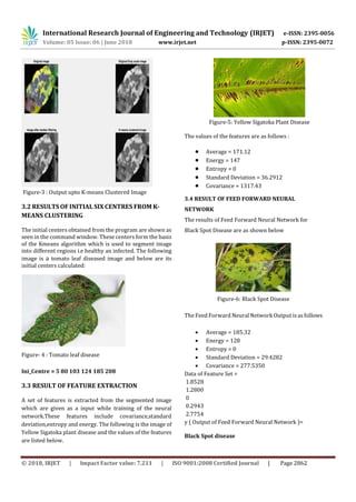 International Research Journal of Engineering and Technology (IRJET) e-ISSN: 2395-0056
Volume: 05 Issue: 06 | June 2018 www.irjet.net p-ISSN: 2395-0072
© 2018, IRJET | Impact Factor value: 7.211 | ISO 9001:2008 Certified Journal | Page 2862
Figure-3 : Output upto K-means Clustered Image
3.2 RESULTS OF INITIAL SIX CENTRES FROM K-
MEANS CLUSTERING
The initial centers obtained from the program are shown as
seen in the command window. These centers form the basis
of the Kmeans algorithm which is used to segment image
into different regions i.e healthy an infected. The following
image is a tomato leaf diseased image and below are its
initial centers calculated:
Figure- 4 : Tomato leaf disease
Ini_Centre = 5 80 103 124 185 208
3.3 RESULT OF FEATURE EXTRACTION
A set of features is extracted from the segmented image
which are given as a input while training of the neural
network.These features include covariance,standard
deviation,entropy and energy. The following is the image of
Yellow Sigatoka plant disease and the values of the features
are listed below.
Figure-5: Yellow Sigatoka Plant Disease
The values of the features are as follows :
 Average = 171.12
 Energy = 147
 Entropy = 0
 Standard Deviation = 36.2912
 Covariance = 1317.43
3.4 RESULT OF FEED FORWARD NEURAL
NETWORK
The results of Feed Forward Neural Network for
Black Spot Disease are as shown below
Figure-6: Black Spot Disease
The Feed Forward Neural Network Output isas follows
 Average = 185.32
 Energy = 128
 Entropy = 0
 Standard Deviation = 29.4282
 Covariance = 277.5350
Data of Feature Set =
1.8528
1.2800
0
0.2943
2.7754
y ( Output of Feed Forward Neural Network )=
Black Spot disease
 