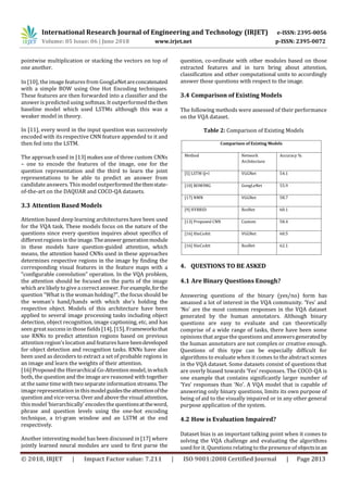 International Research Journal of Engineering and Technology (IRJET) e-ISSN: 2395-0056
Volume: 05 Issue: 06 | June 2018 www.irjet.net p-ISSN: 2395-0072
© 2018, IRJET | Impact Factor value: 7.211 | ISO 9001:2008 Certified Journal | Page 2813
pointwise multiplication or stacking the vectors on top of
one another.
In [10], the image featuresfrom GoogLeNetareconcatenated
with a simple BOW using One Hot Encoding techniques.
These features are then forwarded into a classifier and the
answer is predicted using softmax. It outperformed thethen
baseline model which used LSTMs although this was a
weaker model in theory.
In [11], every word in the input question was successively
encoded with its respective CNN feature appended to it and
then fed into the LSTM.
The approach used in [13] makes use of three custom CNNs
– one to encode the features of the image, one for the
question representation and the third to learn the joint
representations to be able to predict an answer from
candidate answers. This model outperformedthethenstate-
of-the-art on the DAQUAR and COCO-QA datasets.
3.3 Attention Based Models
Attention based deep learning architectures have been used
for the VQA task. These models focus on the nature of the
questions since every question inquires about specifics of
differentregions in the image.Theanswergenerationmodule
in these models have question-guided attention, which
means, the attention based CNNs used in these approaches
determines respective regions in the image by finding the
corresponding visual features in the feature maps with a
“configurable convolution” operation. In the VQA problem,
the attention should be focused on the parts of the image
which are likely togivea correct answer. For example,forthe
question “What is the woman holding?”, the focus should be
the woman’s hand/hands with which she’s holding the
respective object. Models of this architecture have been
applied to several image processing tasks including object
detection, object recognition, image captioning, etc, and has
seen great success in those fields[14], [15].Frameworksthat
use RNNs to predict attention regions based on previous
attentionregion’s location andfeatureshave beendeveloped
for object detection and recognition tasks. RNNs have also
been used as decoders to extract a set of probable regions in
an image and learn the weights of their attention.
[16] Proposed the Hierarchical Co-Attention model, inwhich
both, the question and the image are reasoned with together
at the same timewith two separate information streams.The
imagerepresentationin thismodelguidestheattentionofthe
question and vice-versa. Over and above the visual attention,
thismodel‘hierarchically’ encodesthe questionsattheword,
phrase and question levels using the one-hot encoding
technique, a tri-gram window and an LSTM at the end
respectively.
Another interesting model has been discussed in[17] where
jointly learned neural modules are used to first parse the
question, co-ordinate with other modules based on those
extracted features and in turn bring about attention,
classification and other computational units to accordingly
answer those questions with respect to the image.
3.4 Comparison of Existing Models
The following methods were assessed of their performance
on the VQA dataset.
Table 2: Comparison of Existing Models
Comparison of Existing Models
Method Network
Architecture
Accuracy %
[5] LSTM Q+I VGGNet 54.1
[10] BOWIMG GoogLeNet 55.9
[17] NMN VGGNet 58.7
[9] HYBRID ResNet 60.1
[13] Proposed CNN Custom 58.4
[16] HieCoAtt VGGNet 60.5
[16] HieCoAtt ResNet 62.1
4. QUESTIONS TO BE ASKED
4.1 Are Binary Questions Enough?
Answering questions of the binary (yes/no) form has
amassed a lot of interest in the VQA community. ‘Yes’ and
‘No’ are the most common responses in the VQA dataset
generated by the human annotators. Although binary
questions are easy to evaluate and can theoretically
comprise of a wide range of tasks, there have been some
opinions that argue the questions and answersgeneratedby
the human annotators are not complex or creative enough.
Questions of this type can be especially difficult for
algorithms to evaluate when it comes to the abstract scenes
in the VQA dataset. Some datasets consist of questions that
are overly biased towards ‘Yes’ responses. The COCO-QA is
one example that contains significantly larger number of
‘Yes’ responses than ‘No’. A VQA model that is capable of
answering only binary questions, limits its own purpose of
being of aid to the visually impaired or in any other general
purpose application of the system.
4.2 How is Evaluation Impaired?
Dataset bias is an important talking point when it comes to
solving the VQA challenge and evaluating the algorithms
used for it. Questions relating to the presence of objectsinan
 