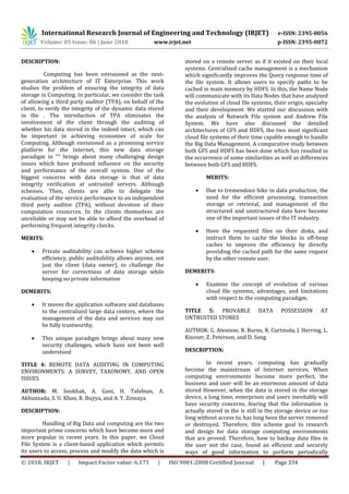 International Research Journal of Engineering and Technology (IRJET) e-ISSN: 2395-0056
Volume: 05 Issue: 06 | June 2018 www.irjet.net p-ISSN: 2395-0072
© 2018, IRJET | Impact Factor value: 6.171 | ISO 9001:2008 Certified Journal | Page 334
DESCRIPTION:
Computing has been envisioned as the next-
generation architecture of IT Enterprise. This work
studies the problem of ensuring the integrity of data
storage in Computing. In particular, we consider the task
of allowing a third party auditor (TPA), on behalf of the
client, to verify the integrity of the dynamic data stored
in the . The introduction of TPA eliminates the
involvement of the client through the auditing of
whether his data stored in the indeed intact, which can
be important in achieving economies of scale for
Computing. Although envisioned as a promising service
platform for the Internet, this new data storage
paradigm in “” brings about many challenging design
issues which have profound influence on the security
and performance of the overall system. One of the
biggest concerns with data storage is that of data
integrity verification at untrusted servers. Although
schemes. Then, clients are able to delegate the
evaluation of the service performance to an independent
third party auditor (TPA), without devotion of their
computation resources. In the clients themselves are
unreliable or may not be able to afford the overhead of
performing frequent integrity checks.
MERITS:
 Private auditability can achieve higher scheme
efficiency, public auditability allows anyone, not
just the client (data owner), to challenge the
server for correctness of data storage while
keeping no private information
DEMERITS:
 It moves the application software and databases
to the centralized large data centers, where the
management of the data and services may not
be fully trustworthy.
 This unique paradigm brings about many new
security challenges, which have not been well
understood
TITLE 4: REMOTE DATA AUDITING IN COMPUTING
ENVIRONMENTS: A SURVEY, TAXONOMY, AND OPEN
ISSUES
AUTHOR: M. Sookhak, A. Gani, H. Talebian, A.
Akhunzada, S. U. Khan, R. Buyya, and A. Y. Zomaya
DESCRIPTION:
Handling of Big Data and computing are the two
important prime concerns which have become more and
more popular in recent years. In this paper, we Cloud
File System is a client-based application which permits
its users to access, process and modify the data which is
stored on a remote server as if it existed on their local
systems. Centralized cache management is a mechanism
which significantly improves the Query response time of
the file system. It allows users to specify paths to be
cached in main memory by HDFS. In this, the Name Node
will communicate with its Data Nodes that have analyzed
the evolution of cloud file systems, their origin, specialty
and their development. We started our discussion with
the analysis of Network File system and Andrew File
System. We have also discussed the detailed
architectures of GFS and HDFS, the two most significant
cloud file systems of their time capable enough to handle
the Big Data Management. A comparative study between
both GFS and HDFS has been done which has resulted in
the occurrence of some similarities as well as differences
between both GFS and HDFS.
MERITS:
 Due to tremendous hike in data production, the
need for the efficient processing, transaction
storage or retrieval, and management of the
structured and unstructured data have become
one of the important issues of the IT industry.
 Have the requested files on their disks, and
instruct them to cache the blocks in off-heap
caches to improve the efficiency by directly
providing the cached path for the same request
by the other remote user.
DEMERITS:
 Examine the concept of evolution of various
cloud file systems, advantages, and limitations
with respect to the computing paradigm.
TITLE 5: PROVABLE DATA POSSESSION AT
UNTRUSTED STORES
AUTHOR: G. Ateniese, R. Burns, R. Curtmola, J. Herring, L.
Kissner, Z. Peterson, and D. Song
DESCRIPTION:
In recent years, computing has gradually
become the mainstream of Internet services. When
computing environments become more perfect, the
business and user will be an enormous amount of data
stored However, when the data is stored in the storage
device, a long time, enterprises and users inevitably will
have security concerns, fearing that the information is
actually stored in the is still in the storage device or too
long without access to, has long been the server removed
or destroyed. Therefore, this scheme goal to research
and design for data storage computing environments
that are proved. Therefore, how to backup data files in
the user not the case, found an efficient and securely
ways of good information to perform periodically
 