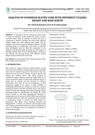 International Research Journal of Engineering and Technology (IRJET) e-ISSN: 2395 -0056
Volume: 05 Issue: 06 | June-2018 www.irjet.net p-ISSN: 2395-0072
© 2018, IRJET | Impact Factor value: 6.171 | ISO 9001:2008 Certified Journal | Page 471
ANALYSIS OF OVERHEAD WATER TANK WITH DIFFERENT STAGING
HEIGHT AND BASE WIDTH
Mr. Santosh Rathod1, Prof. M. B. Ishwaragol2
1 Student M.Tech Structural Engineering, Dept of Civil, B.L.D.E.A’s P.G.H.C.E.T Vijayapur-586103.
2 Assist. Prof, Dept of Civil, B.L.D.E.A’s P.G.H.C.E.T Vijayapur-586103.
---------------------------------------------------------------------***---------------------------------------------------------------------
Abstract - In this paper work an attempt have been made
to study the behavior of the Reinforced cement concrete
overhead water tank of capacity one lakh litre and a
comparison is made in between the model with different
staging height and with different base width and the
analysis is carried out using an Staad.pro Software. Taking
following things in consideration water levels i.e. full tank
level, Earthquake zone III. After the completion of the
analysis a comparative study is carried out with respect to
Bending moment, Shear Force & Displacement variation of
the columns and bracing beams with different staging
height and base width of the water tank.
Key Words: Overhead Water tank, Bending moment, shear
force, Displacement, Staad Pro.
1. INTRODUCTION
The reinforced cement concrete overhead water storing
tank is the most effective storing facility used for domestic
and even for industrial purposes. The water is the very
important source of every creation. In day to day life one
cannot live without water. The initial purpose of
reinforced cement concrete overhead water tank are to
secure invariable supply of water with sufficient flow to a
larger area by gravity and this function to continue
performing even after its hit by earthquakes, so that
continuous supply of the water is made available in
earthquake-affected areas. Taking one Lakh liter capacity
reinforced cement concrete overhead water tank with 3
levels of frame type staging with isolated footing. Taking
following things in consideration by taking the water
levels in tank i.e. full level. Studying the behavior in
Earthquake zone III (as per IS-1893-2002) and with basic
wind speed 44m/sec . After the completion of the analysis
a comparative study is carried out with respect to
parameters like Shear Force, Bending Moment and
Displacement variation of columns and bracing beams
due to basic wind speed 44m/sec as well as earthquake in
zones III. Following values are tabulated & compared in
between the models.
2. GEOMETRICAL CONFIGURATIONS
Dimensions of various structural elements presents in
Overhead R.C.C Water Tank are as follows.
a) Capacity of tank = 1Lakh Liter.
b) Steel grade = Fe500.
c) Concrete grade = M25.
d) Top dome thickness = 100mm.
e) Top dome rise (h1) = 1m.
f) Top dome radius (r1) = 5.8m.
g) Top ring beam size= 300mm x 300mm.
h) Cylindrical wall diameter (D1) = 6.5m.
i) Cylindrical wall height (h2) = 2.6m.
j) Cylindrical wall thickness (t1) = 200mm.
k) Middle ring beam size = 1000mm x 300mm.
l) Conical dome height = 1.3m.
m) Conical dome thickness = 200mm.
n) Bottom dome rise = 1.0m.
o) Bottom dome rise (r2) = 2.4m.
p) Bottom dome thickness = 150mm.
q) Bottom ring girder size = 600mm x 380mm.
r) Columns = 6nos.
s) Bracing Levels =3nos.
t) Bracing size = 0.38m x 0.38m.
u) Column size = 0.38m x 0.38m.
v) Foundation depth = 4m
Fig 2.1. 2D elevation view of the structural model in Staad.
pro (a) staging height (b) base width.
 
