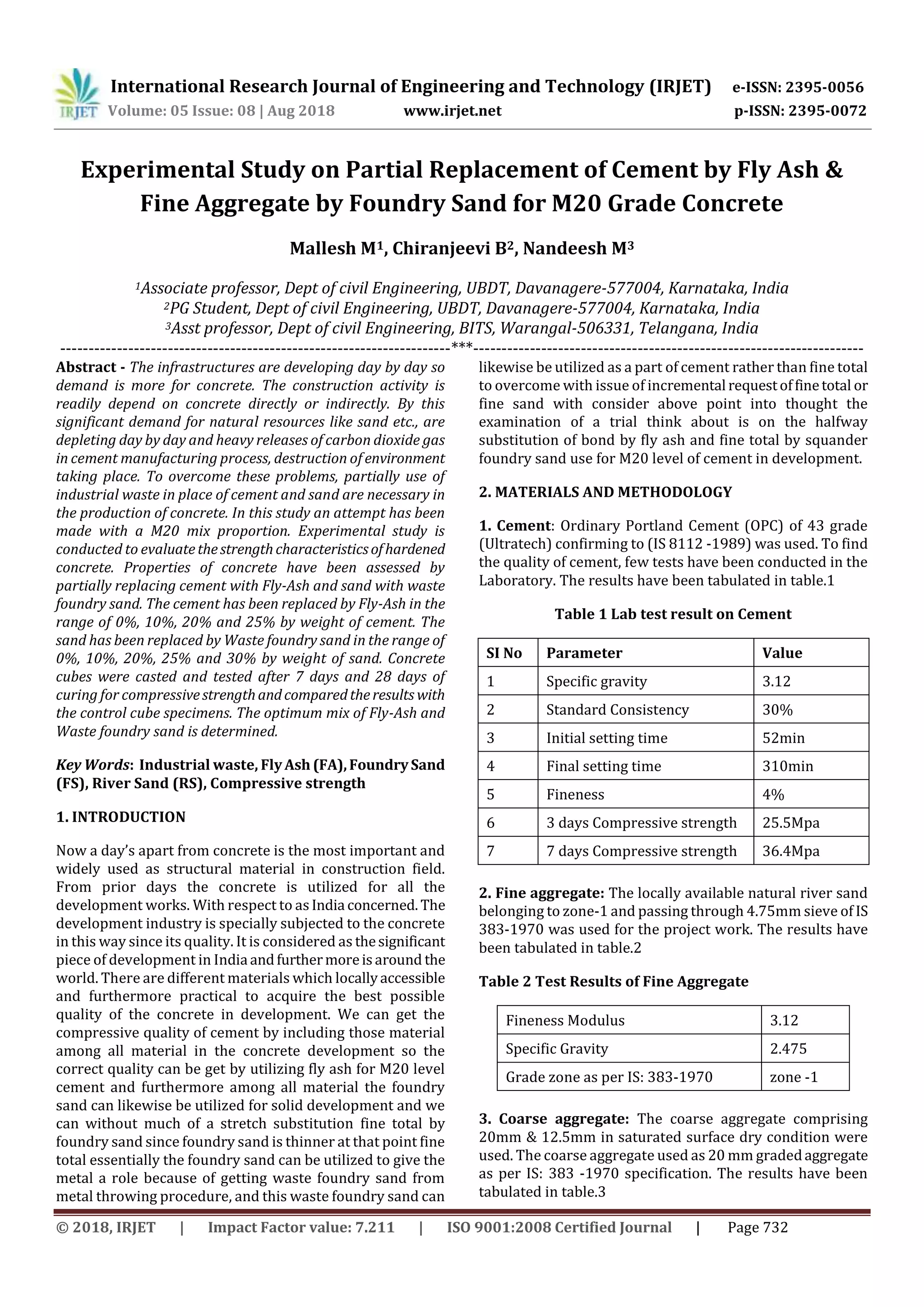 IRJET- Experimental Study on Partial Replacement of Cement by Fly Ash ...